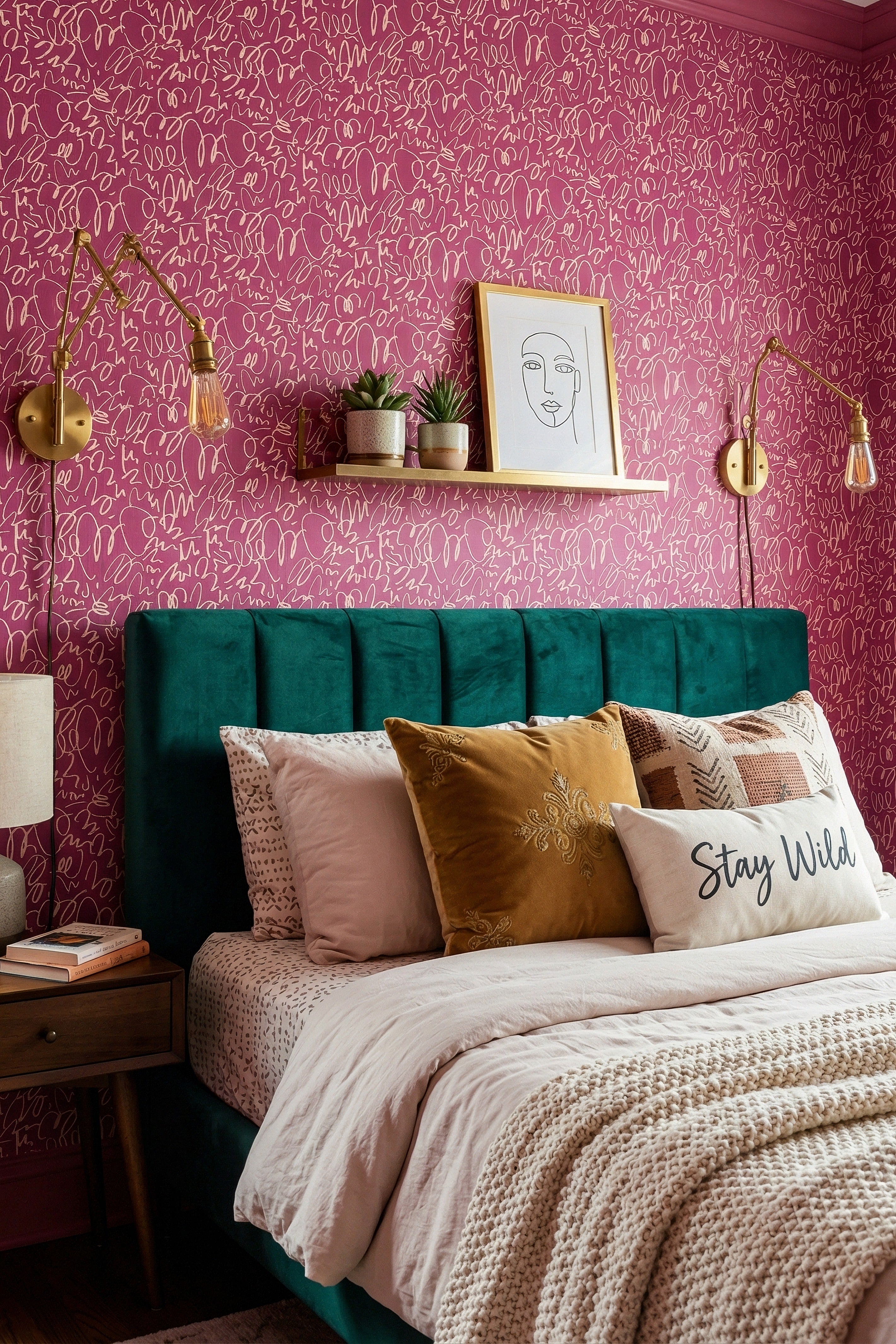 Magenta Scribble wallpaper shown in a bedroom