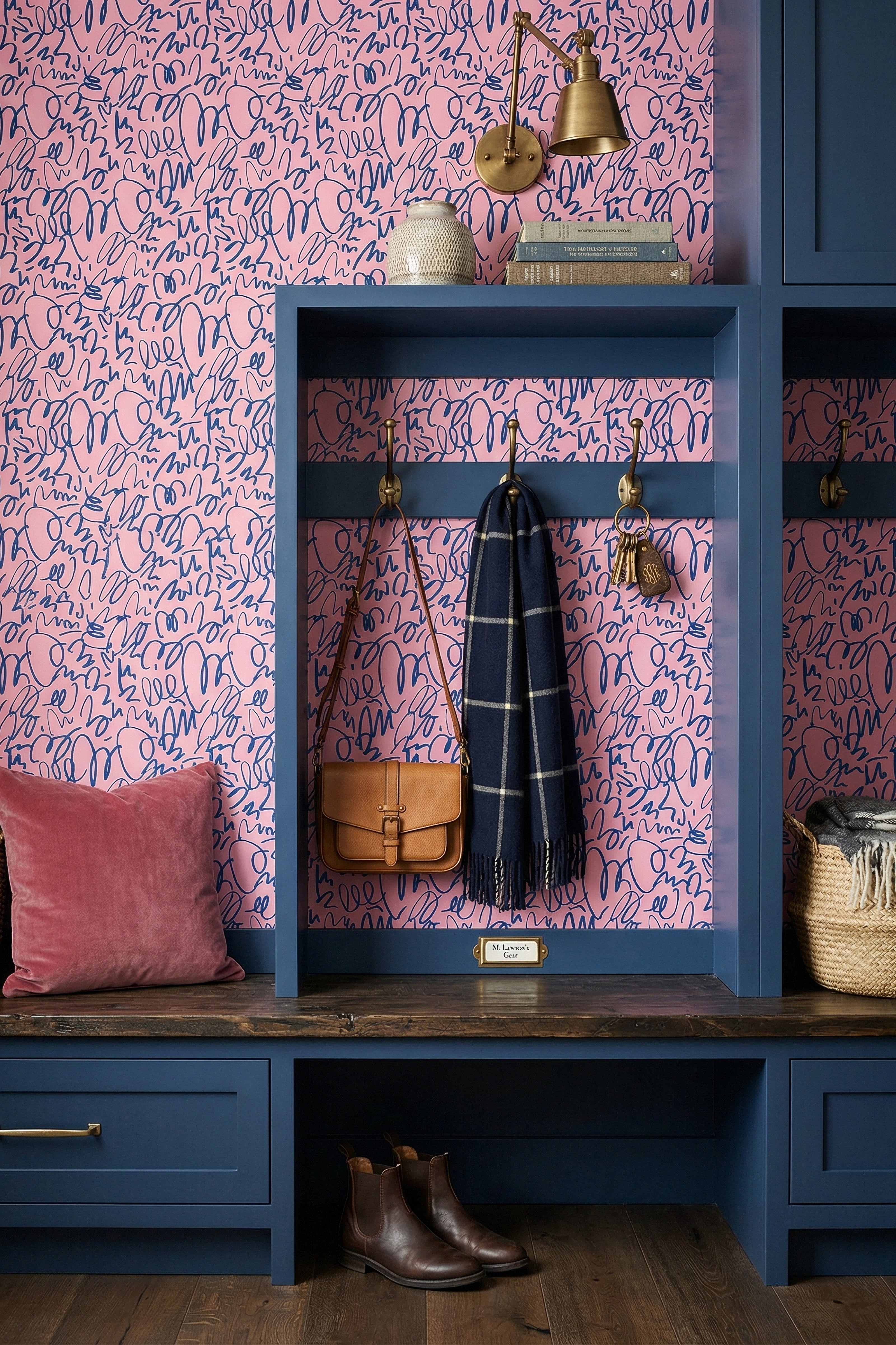 Funk & Flow wallpaper shown in a mudroom