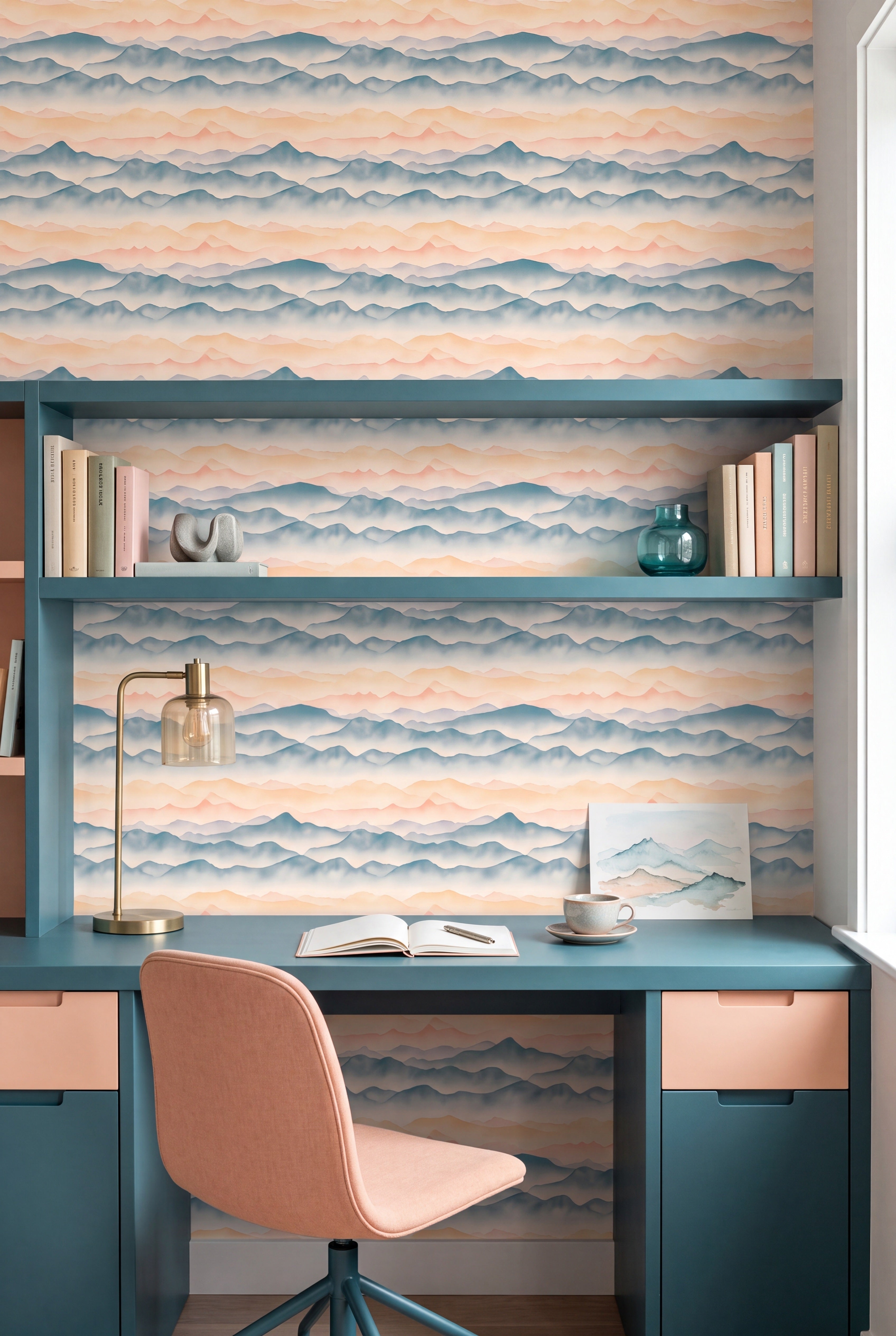 Serene Summit wallpaper shown in a home office