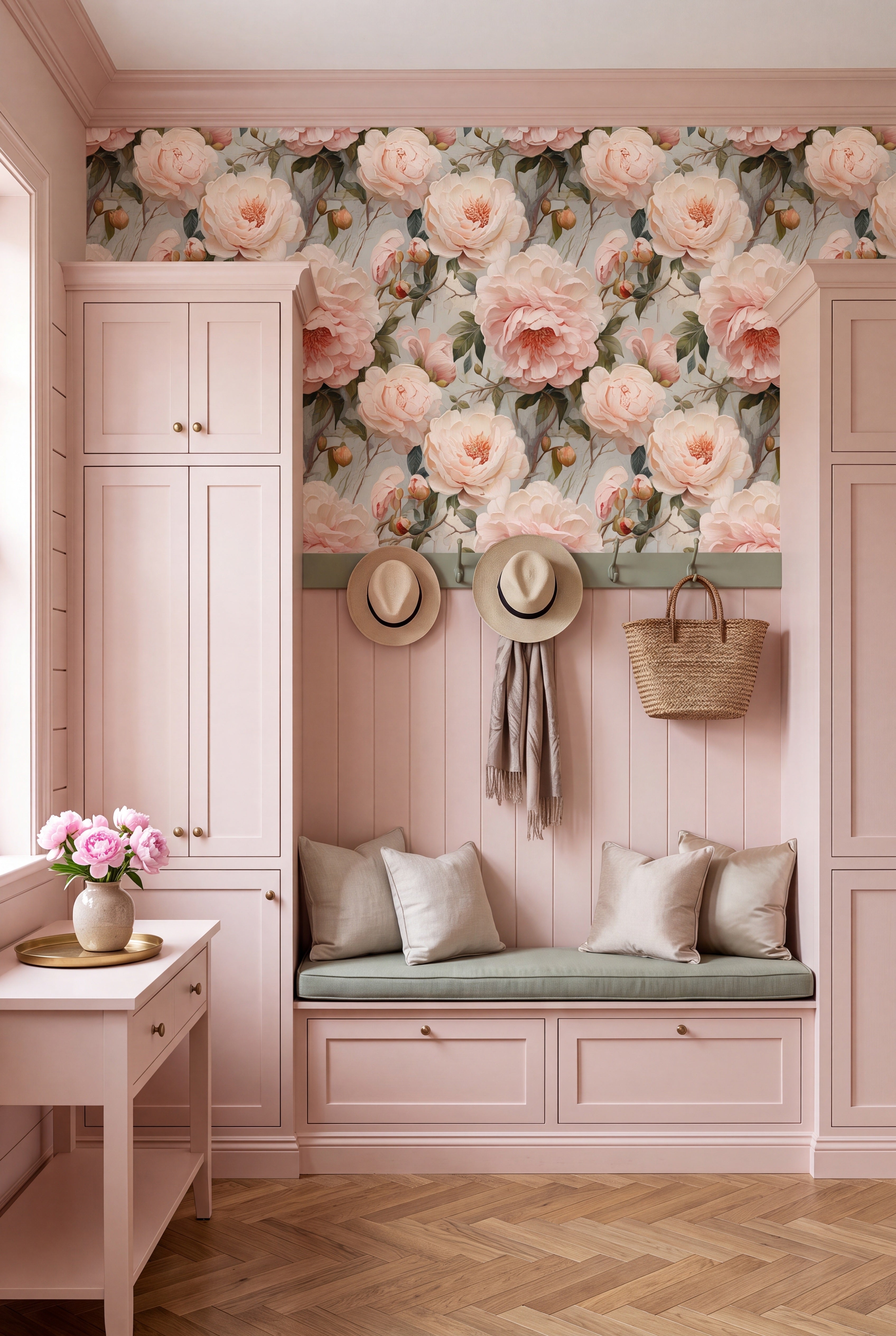 Heirloom Garden wallpaper shown in a mudroom