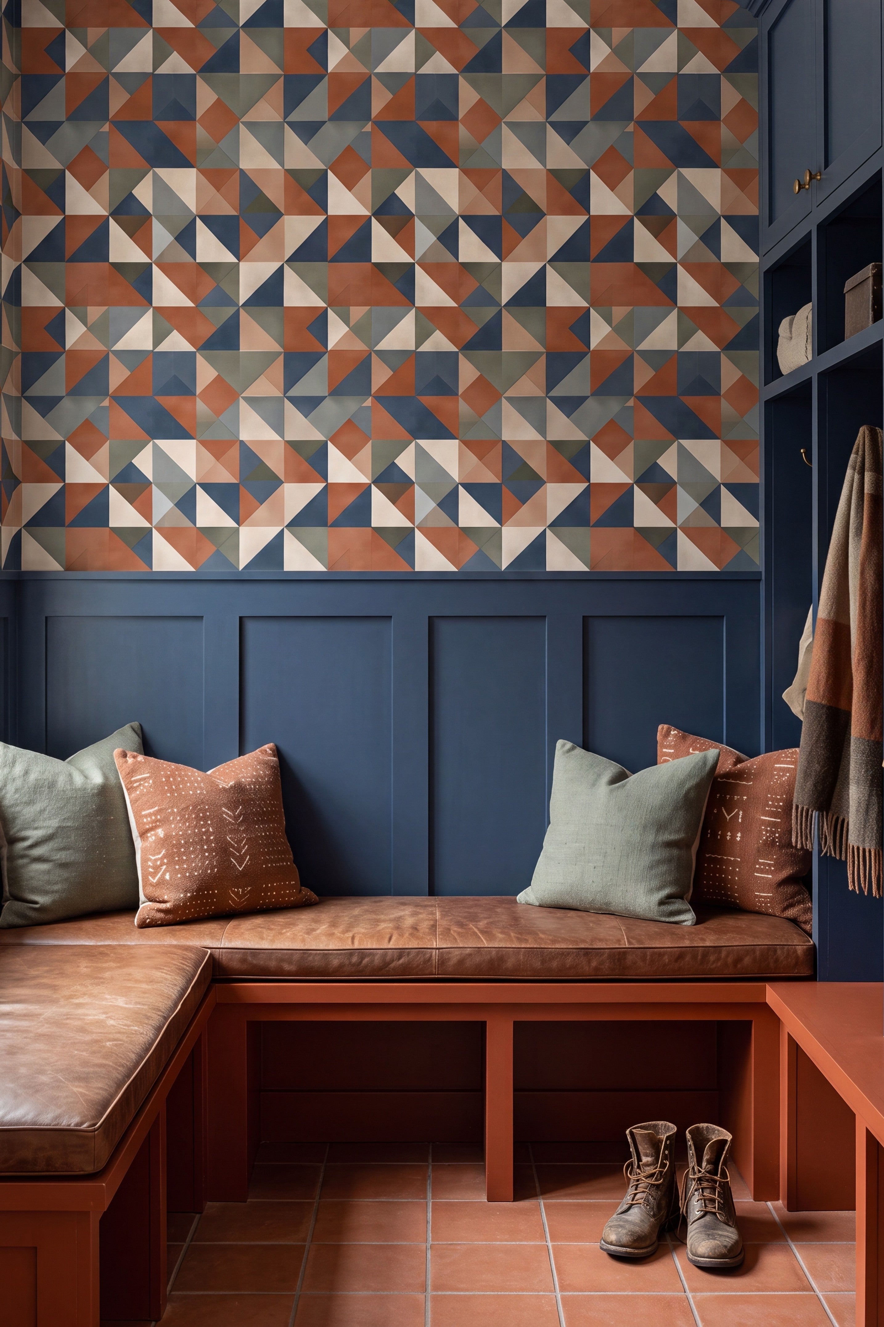 Mid Mod Trio wallpaper shown in a mudroom