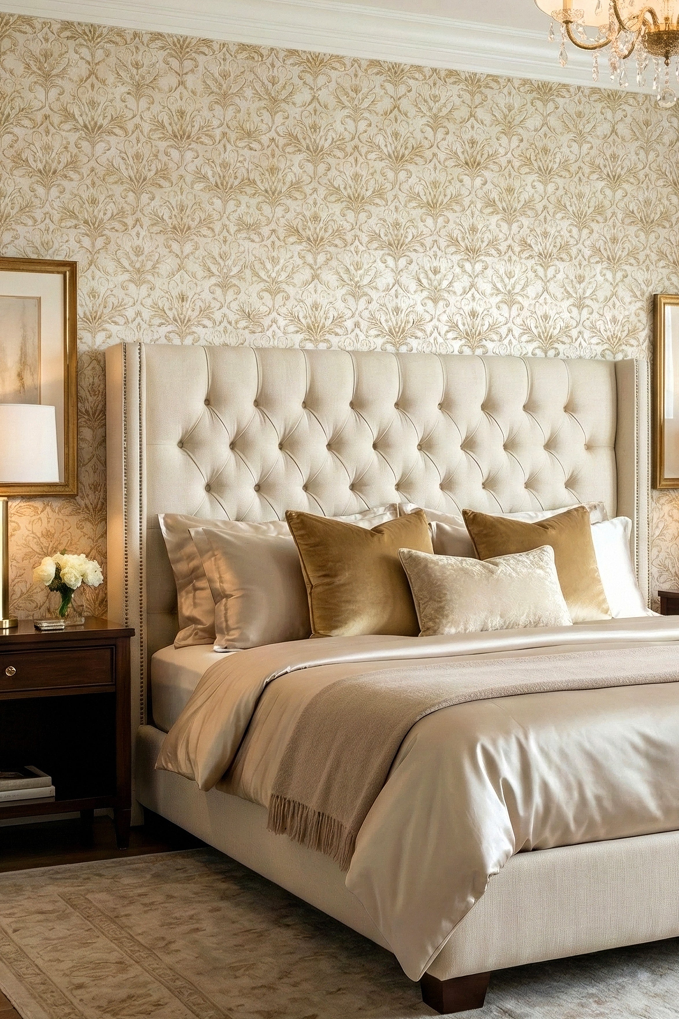 Golden Scroll wallpaper shown in a bedroom