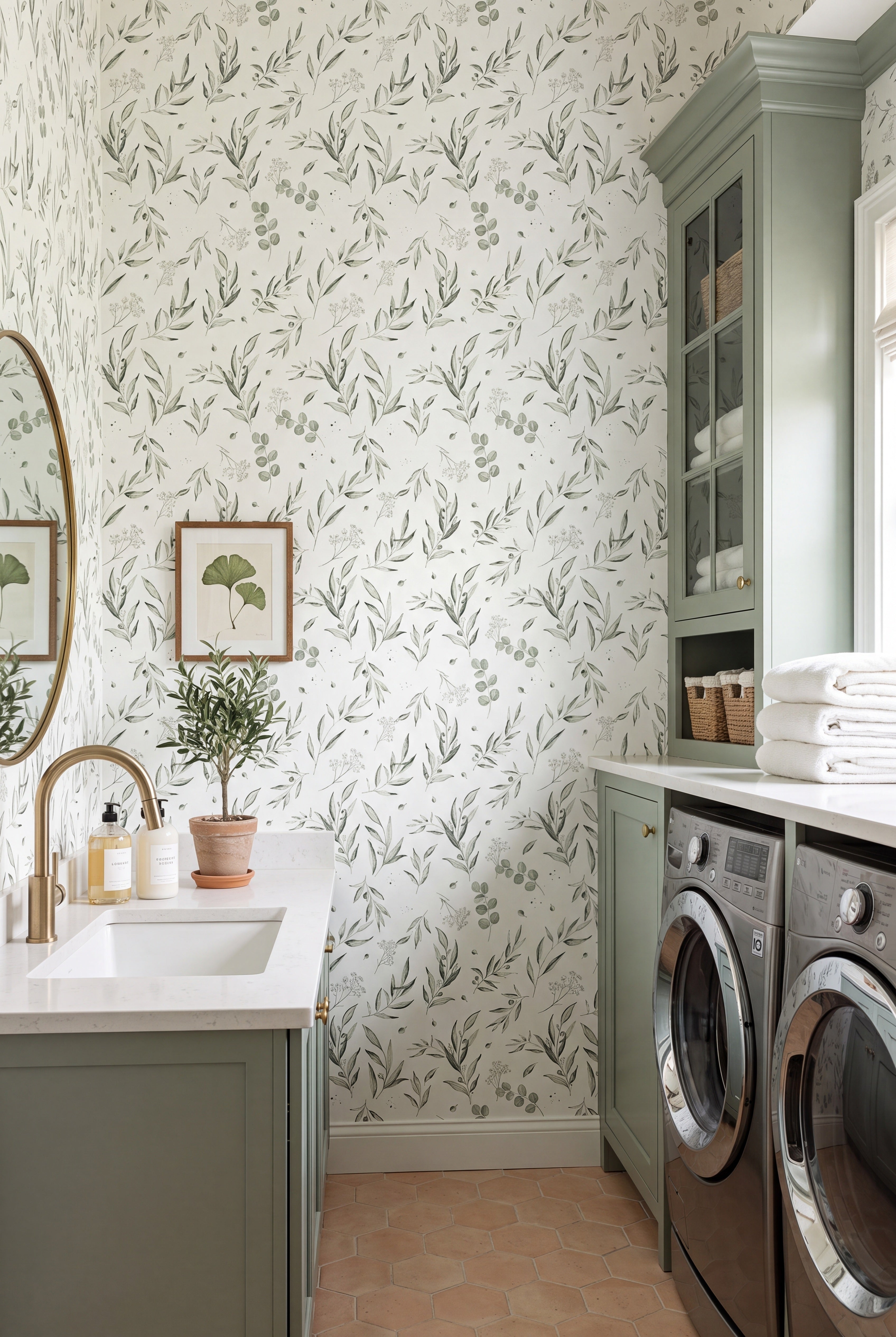 Eucalyptus Grove wallpaper shown in a laundry room