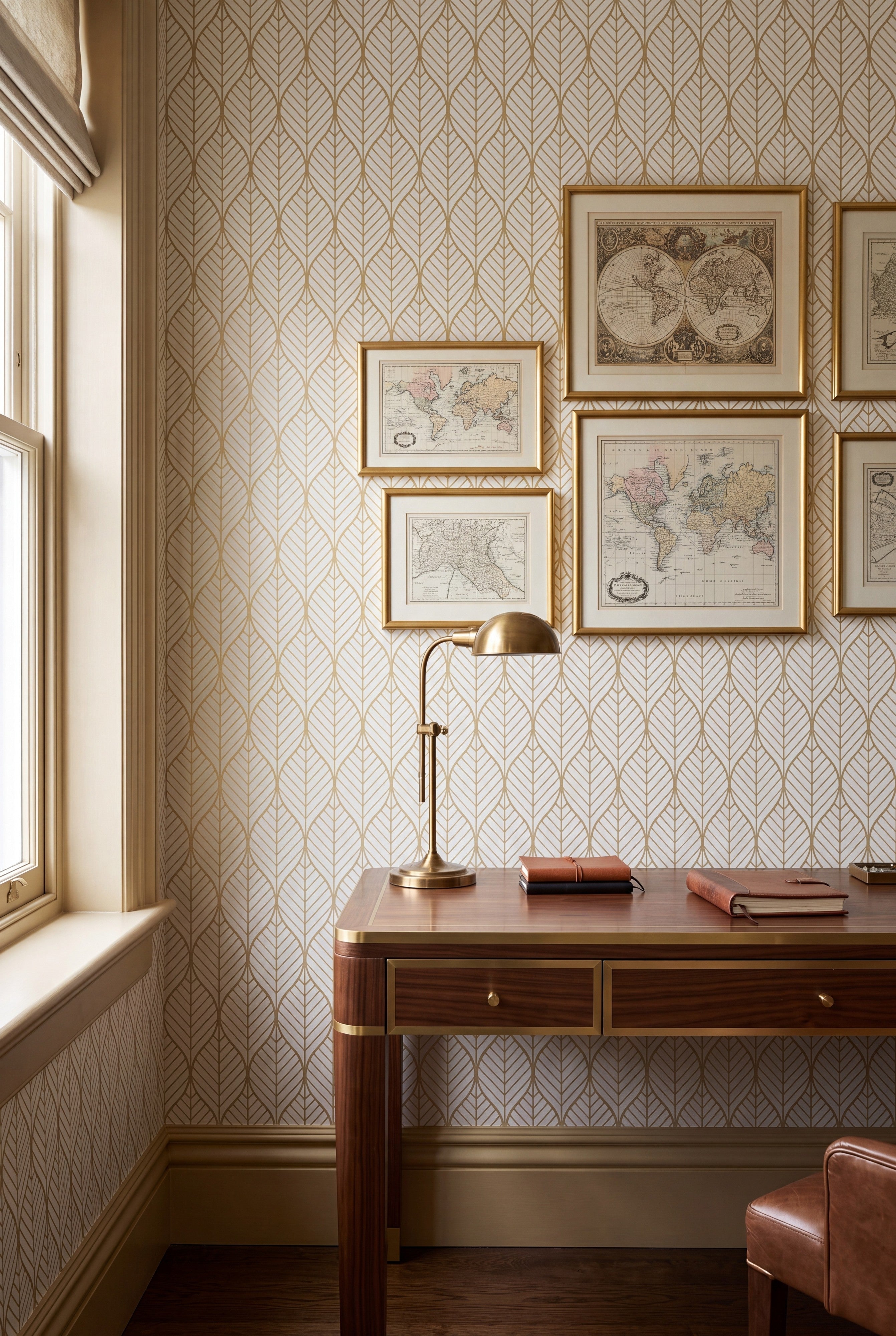 Gilded Leaf wallpaper shown in a home office