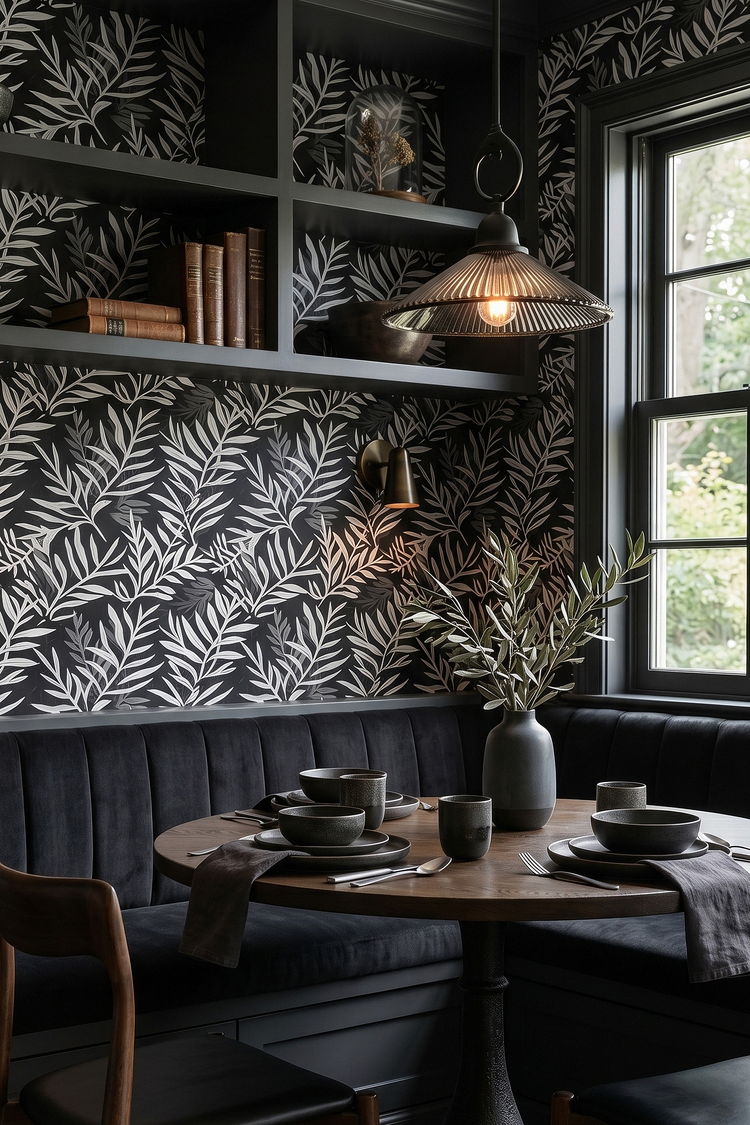 Ink Garden wallpaper shown in a kitchen nook