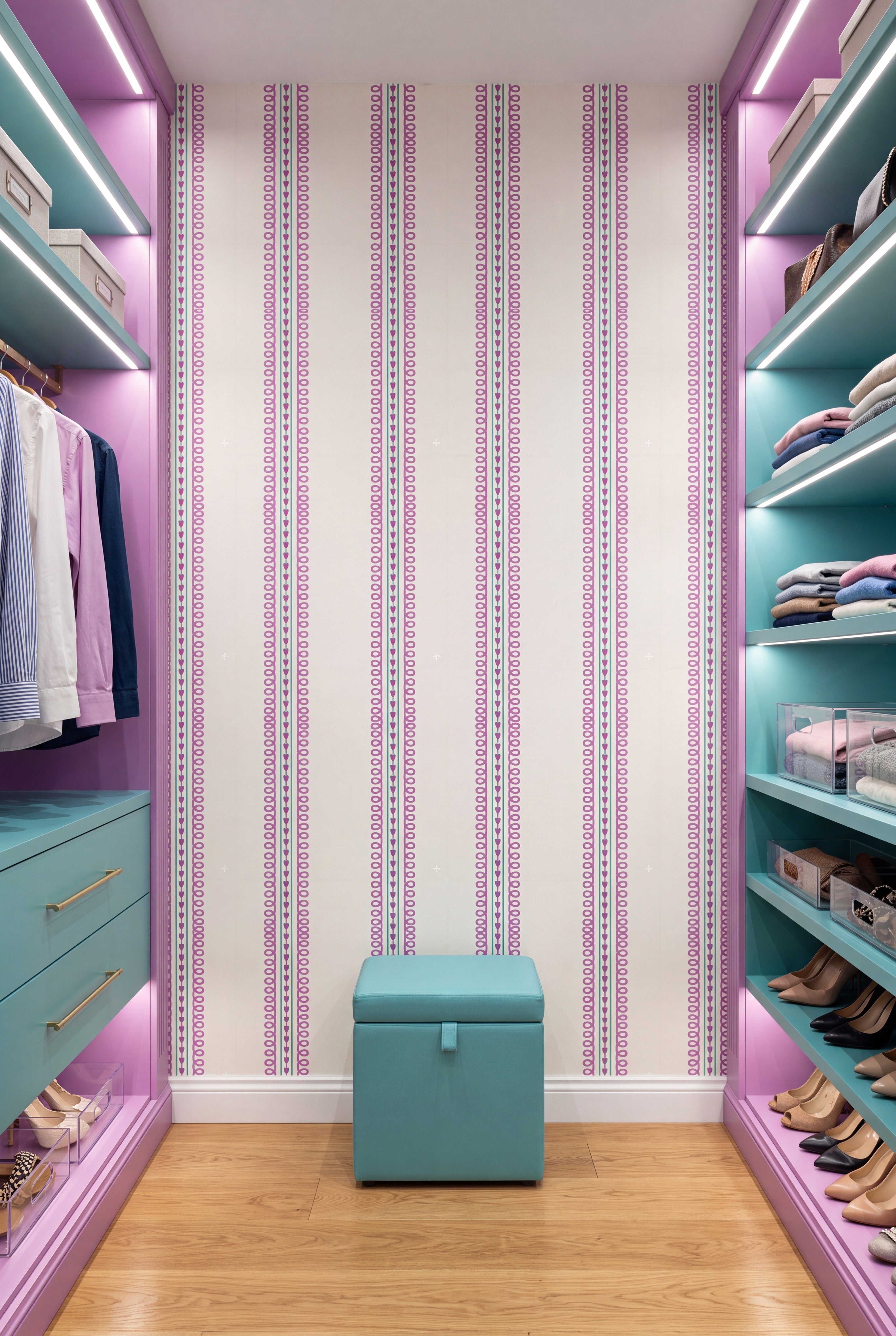 Sweetheart Stripe wallpaper shown in a closet
