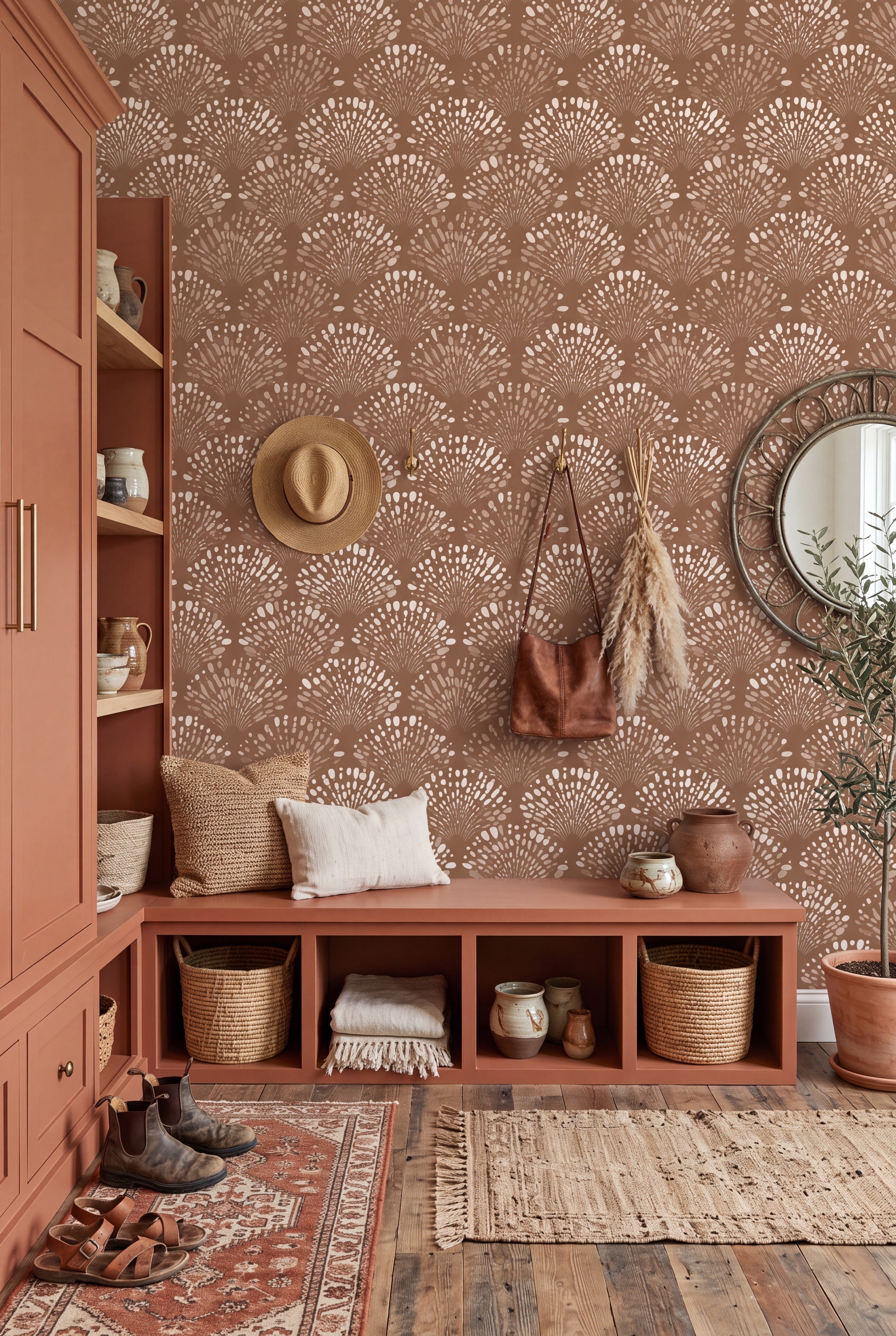 Desert Sunrise wallpaper shown in a mudroom
