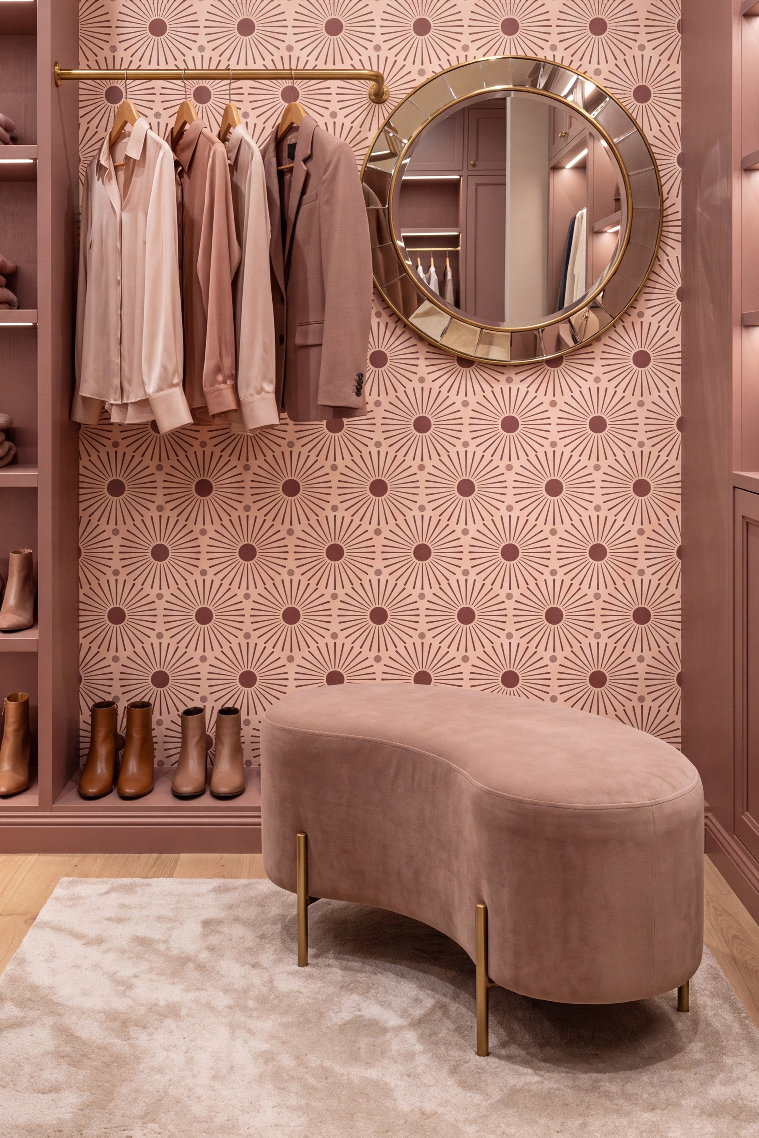 Blush Sunburst wallpaper shown in a closet