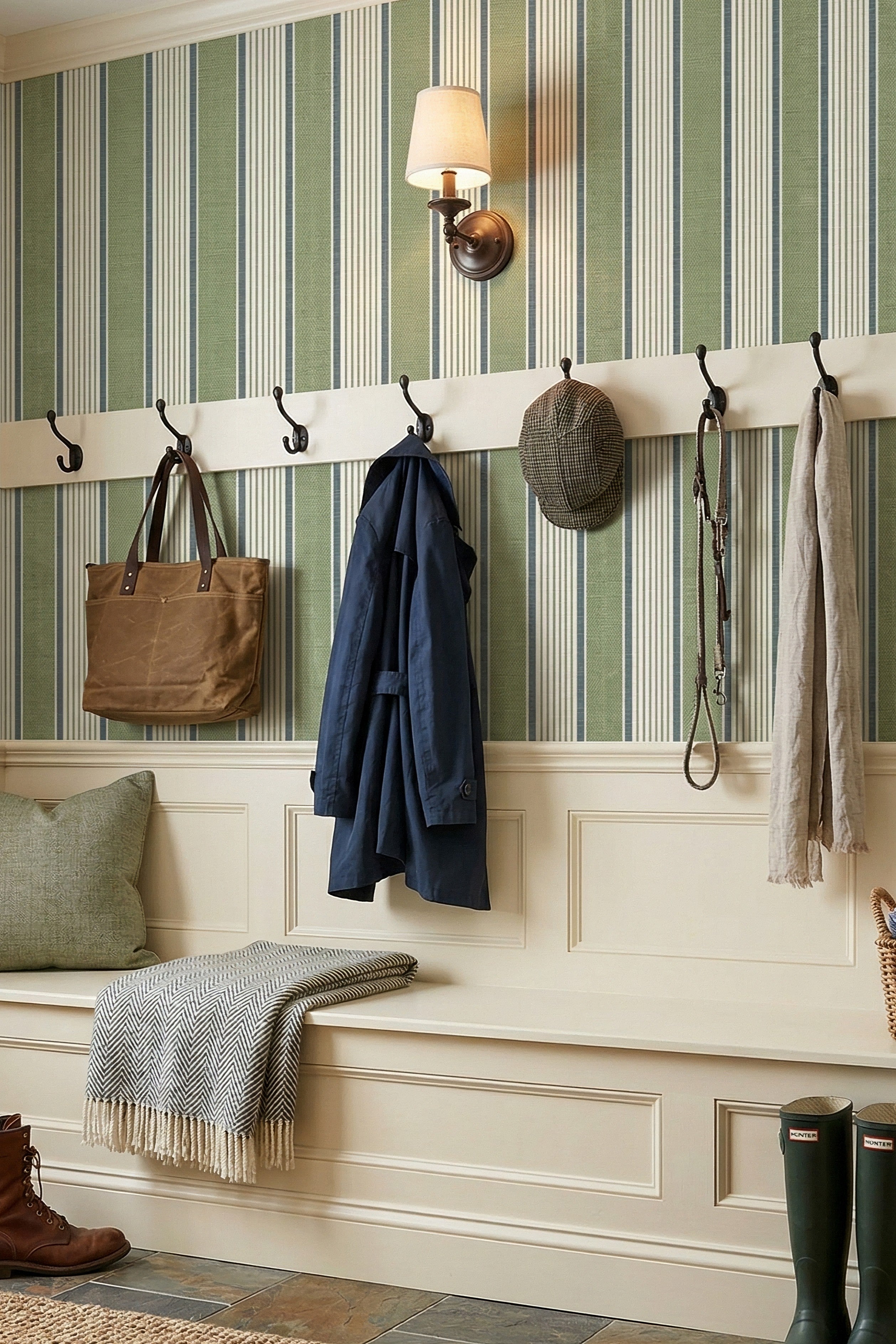 Cottage Stripe wallpaper shown in a mudroom