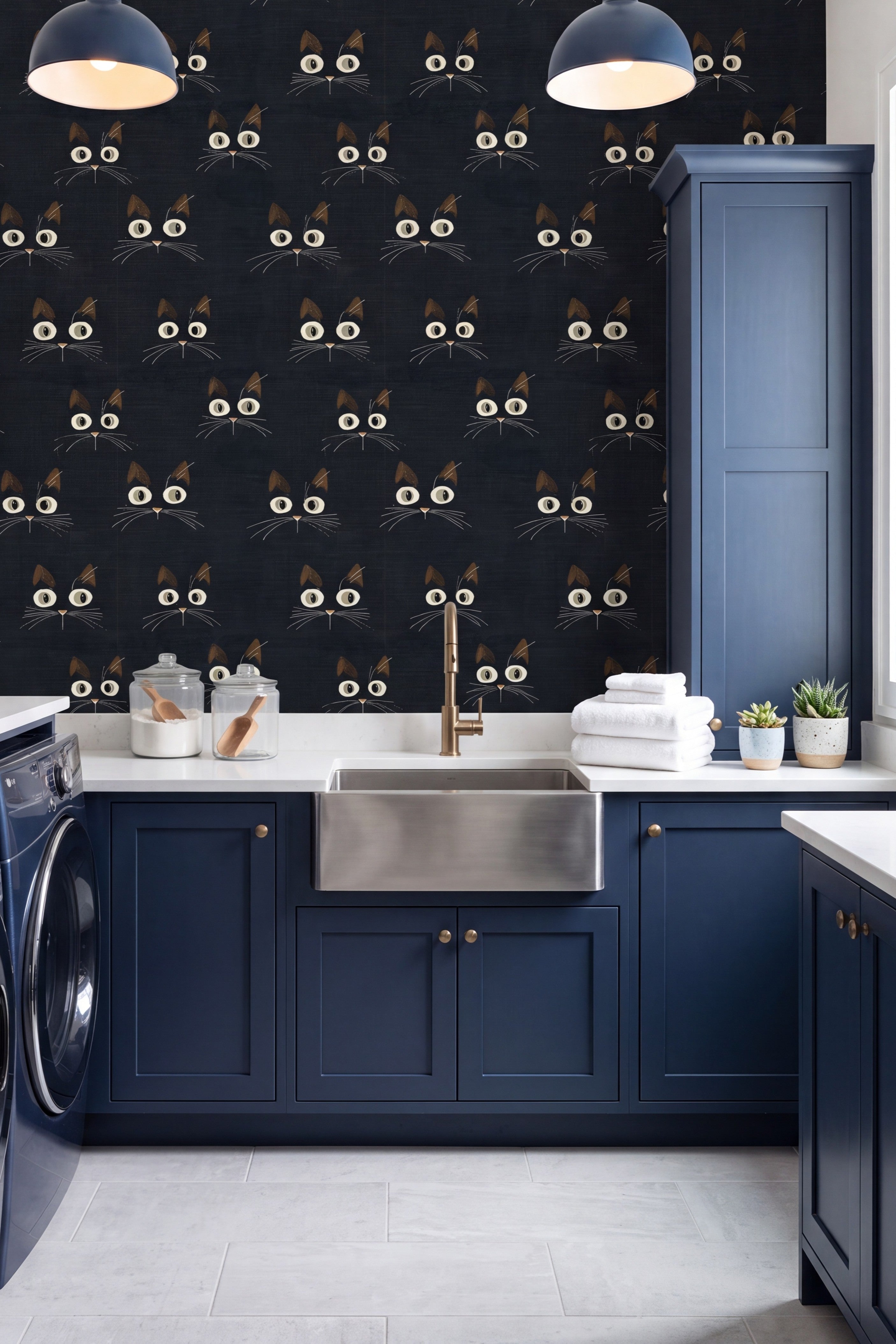 Alley Cats wallpaper shown in a laundry room