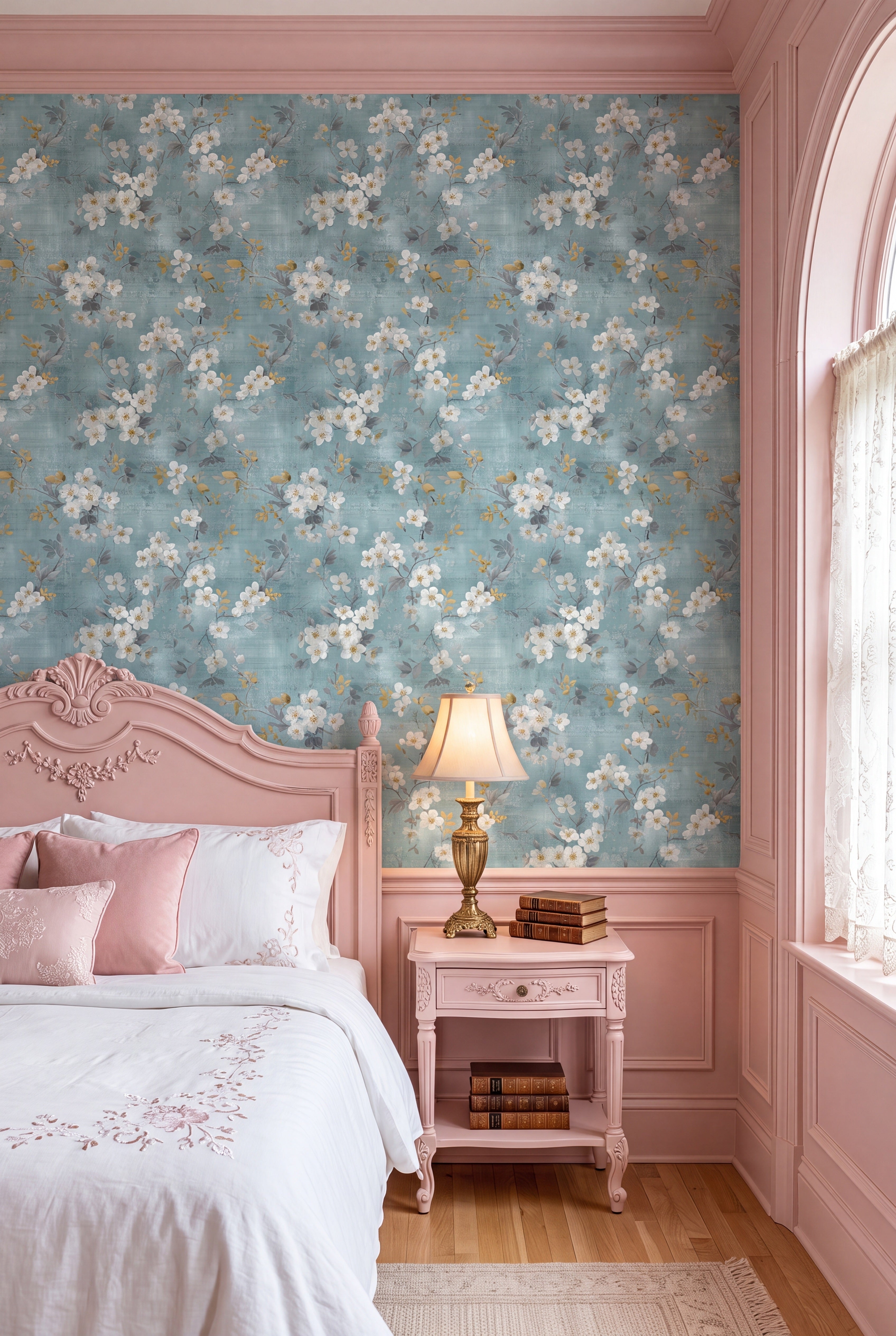 Gilded Blossom wallpaper shown in a bedroom