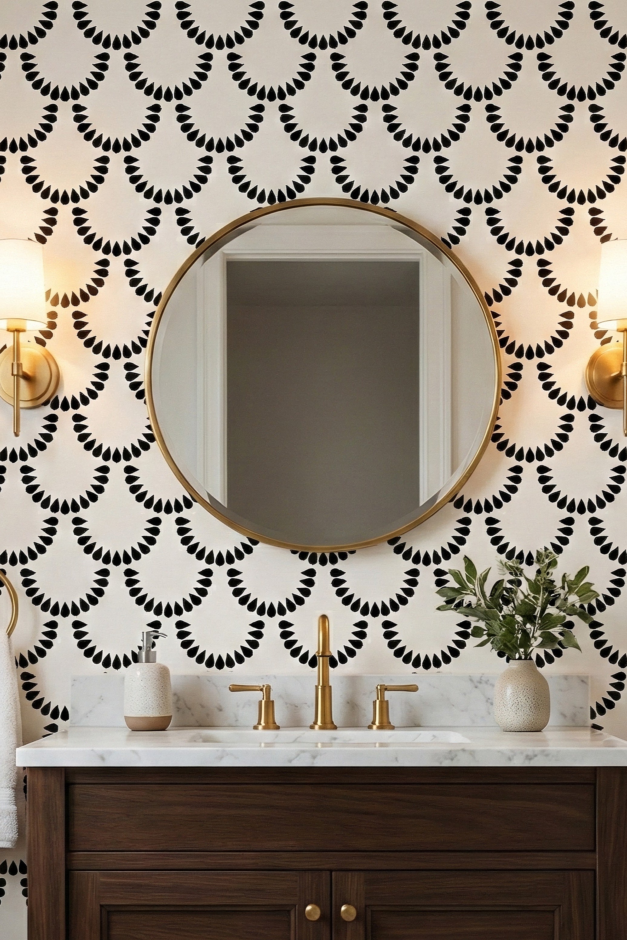 Scallop & Ivory wallpaper shown in a powder room