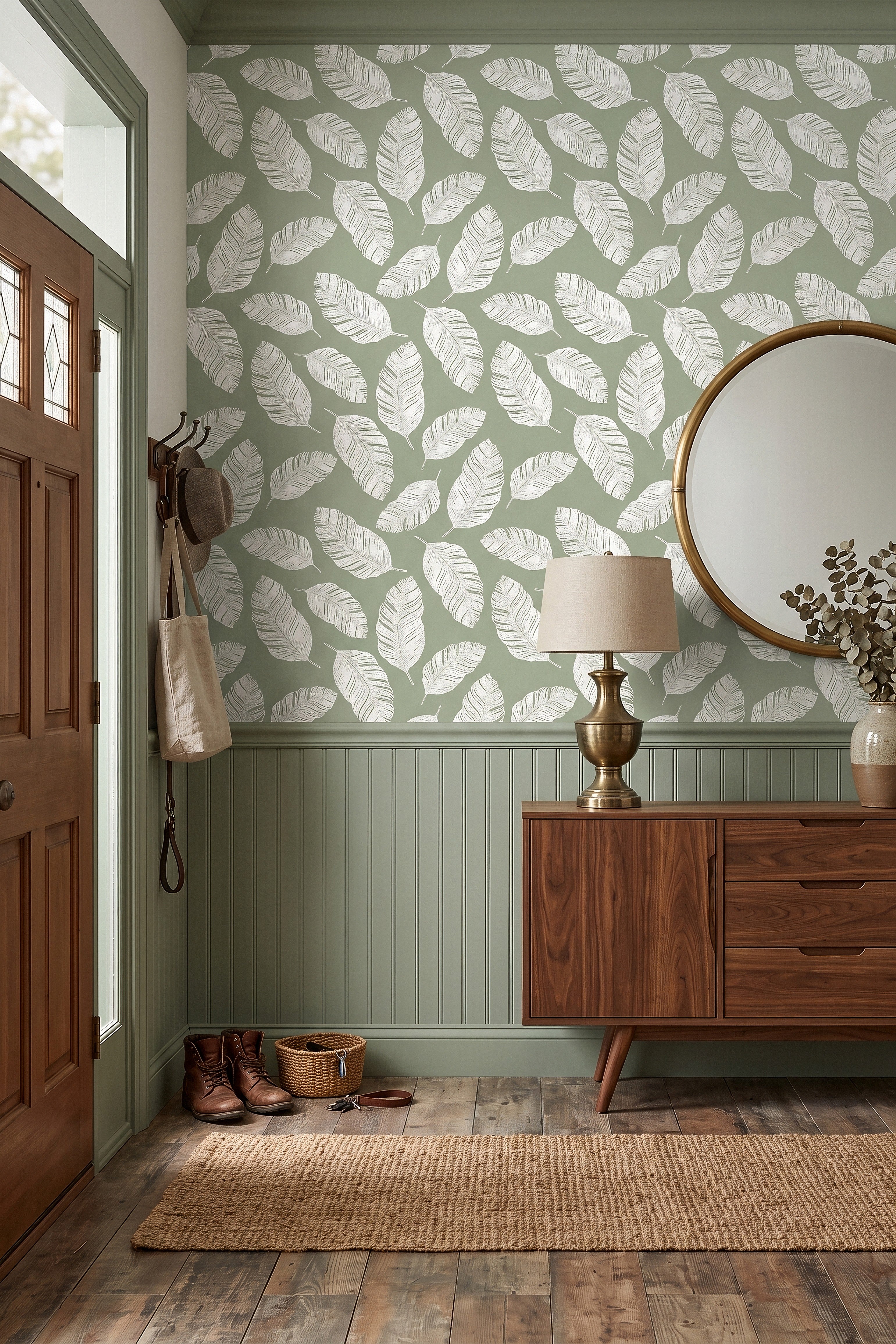 Cabana Sage wallpaper shown in an entryway