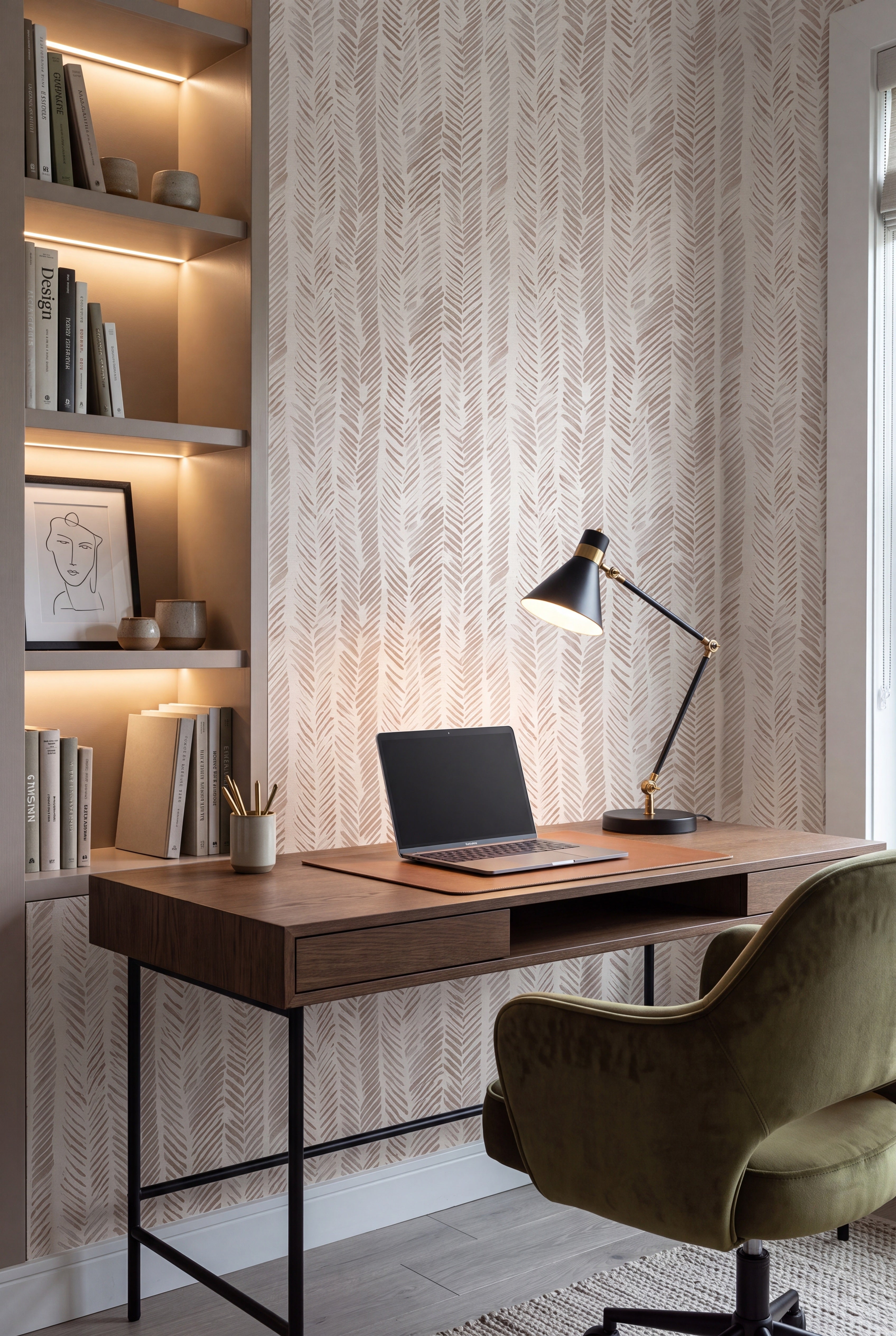Boho Herringbone wallpaper shown in a home office