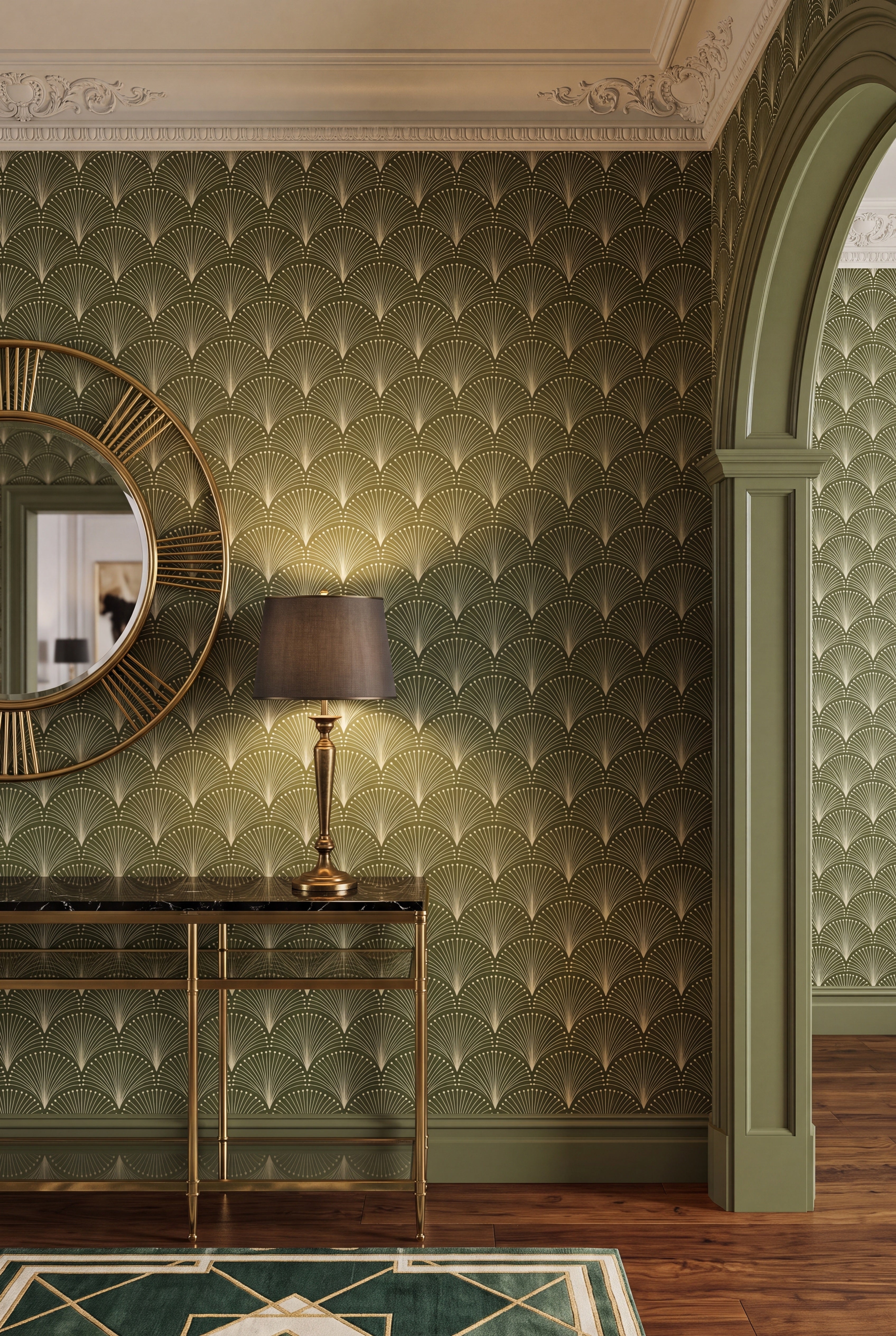 Palm Court wallpaper shown in an entryway