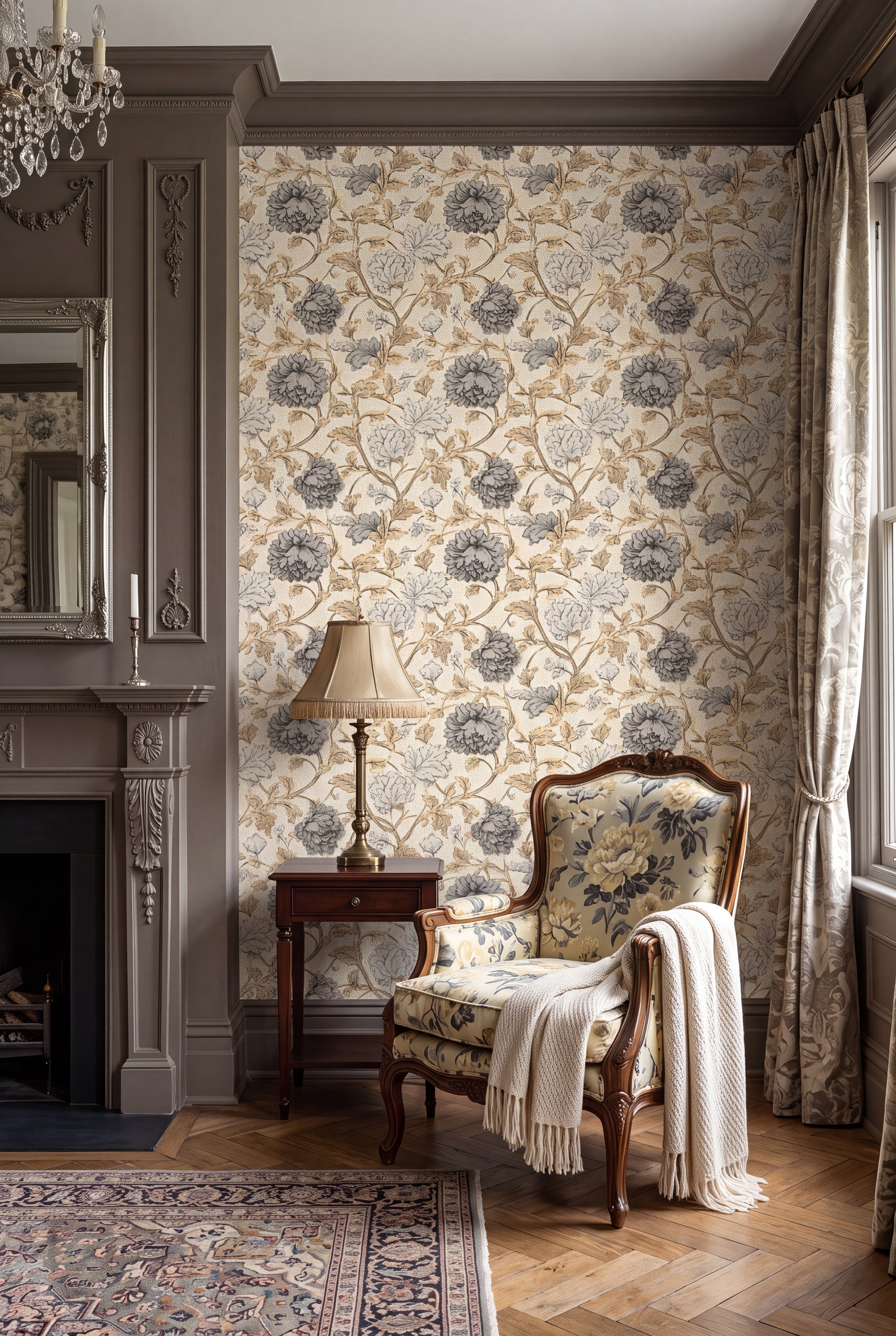 Heritage Vine wallpaper shown in a living room