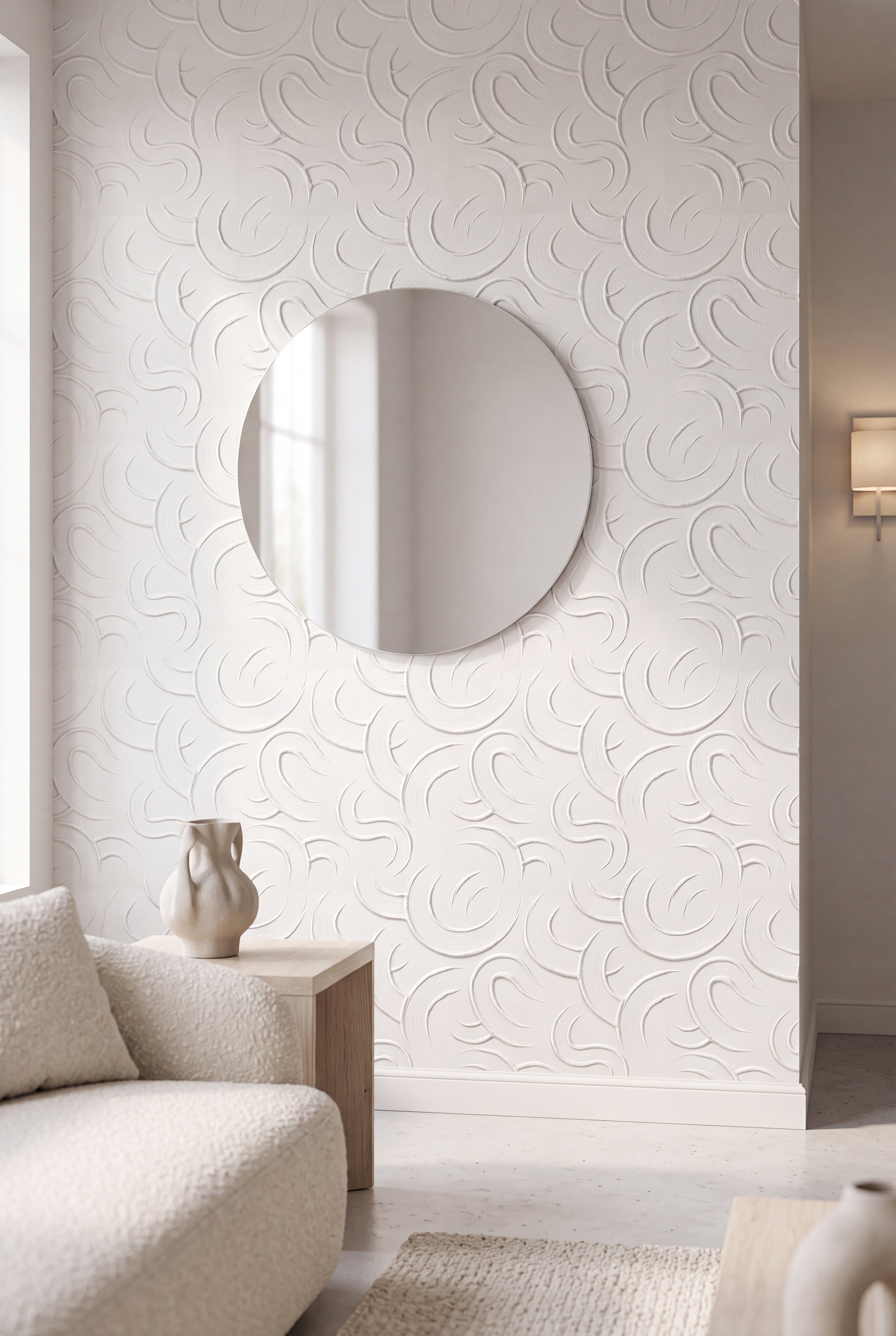 Whiteout wallpaper shown in a living room