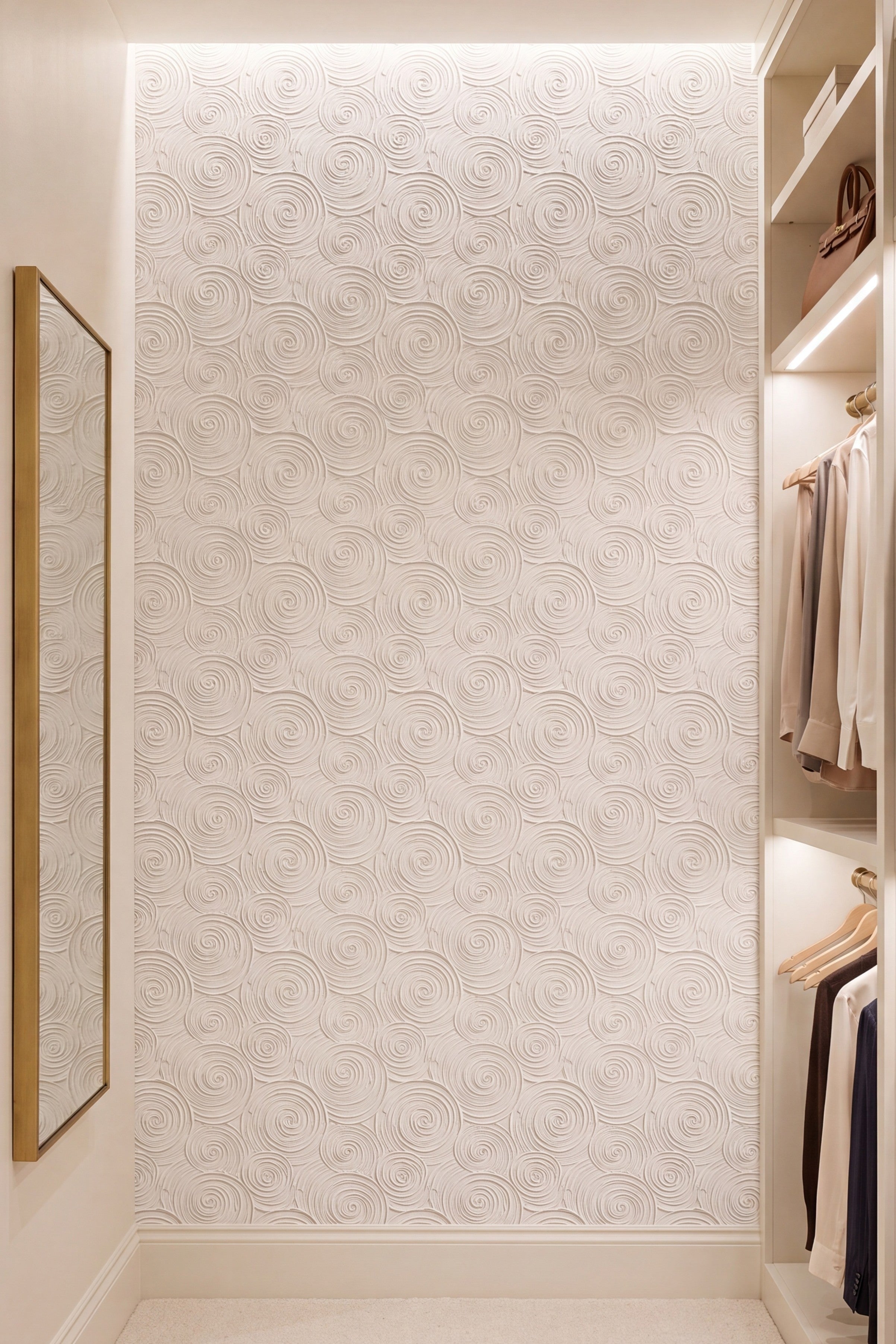 Ivory Swirl wallpaper shown in a walk-in closet