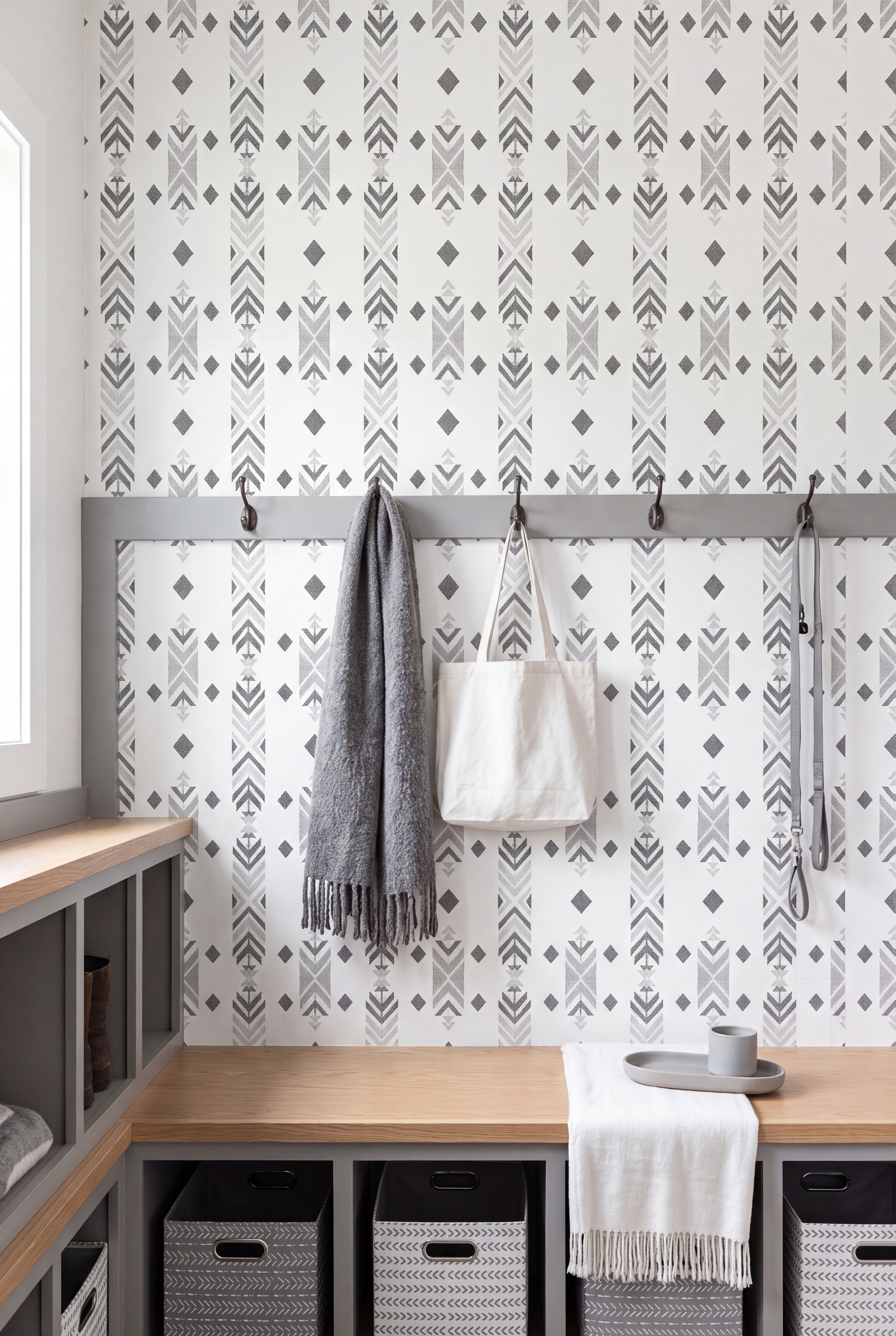 High Desert wallpaper shown in a mudroom