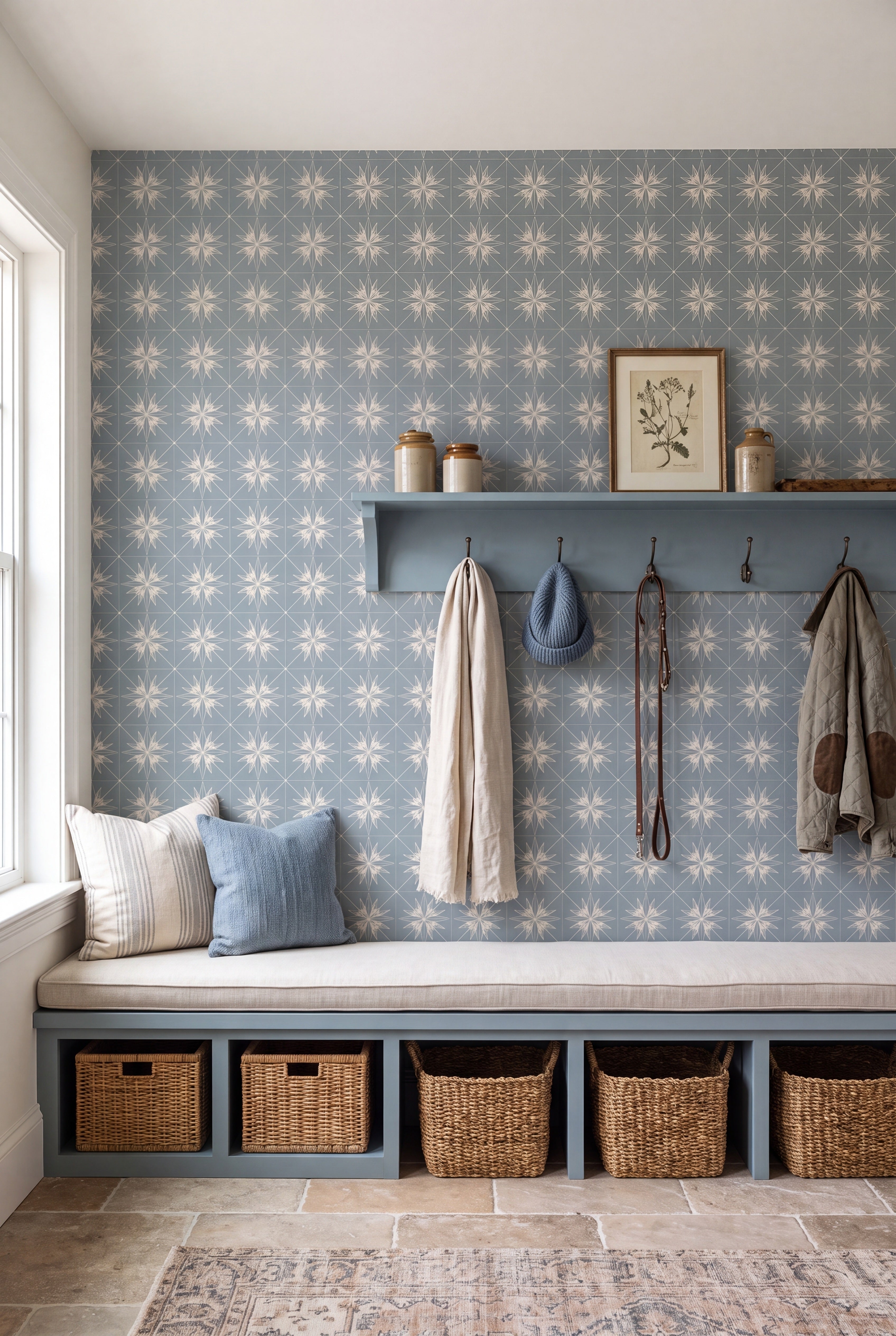 Retro Slate wallpaper shown in a mudroom