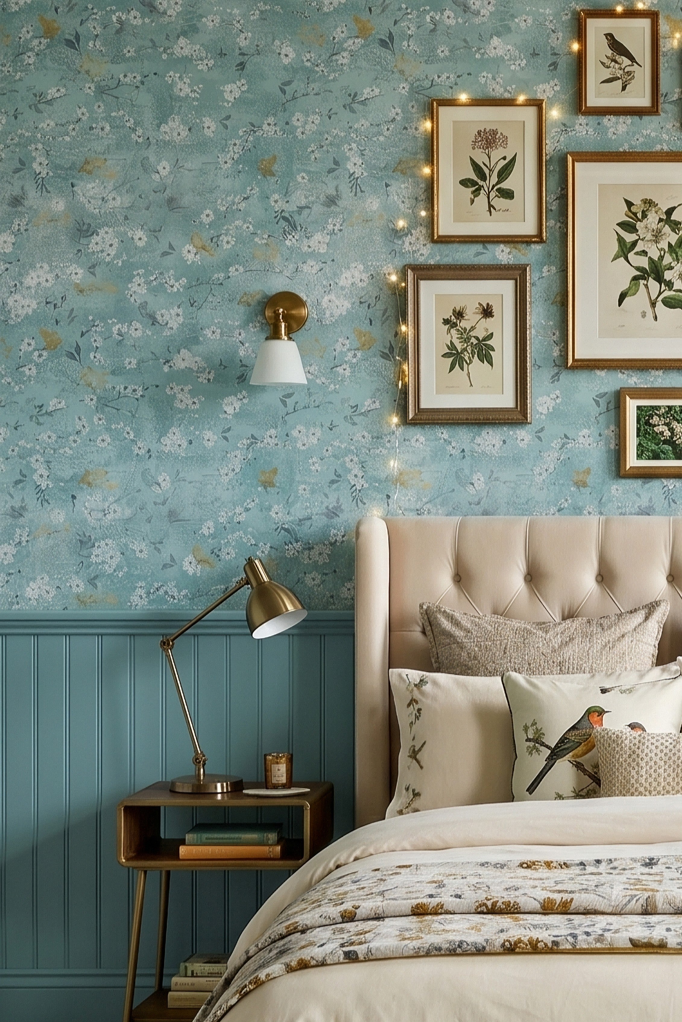 Gilded Wren wallpaper shown in a bedroom