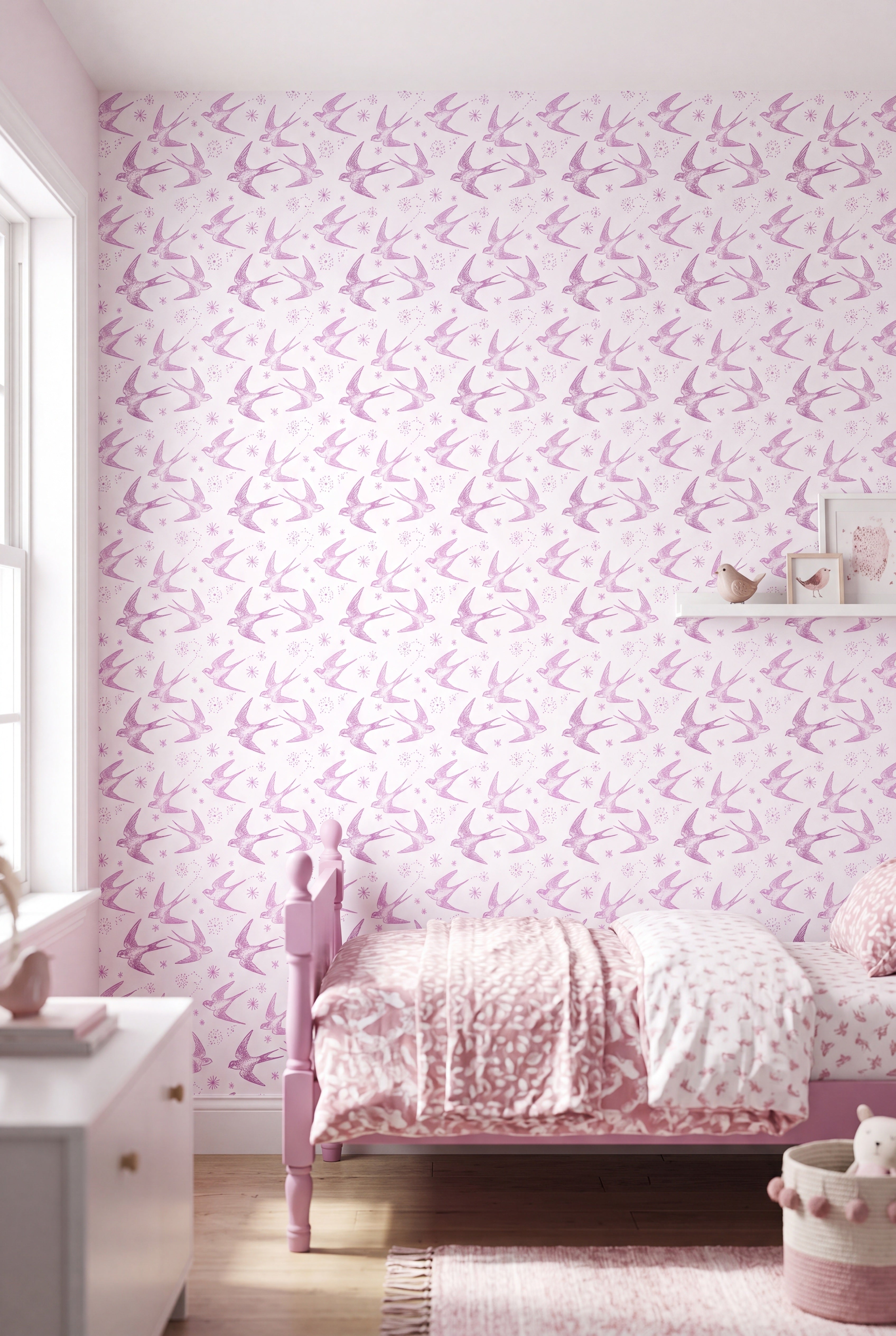 Swallow & Star wallpaper shown in a kids' room