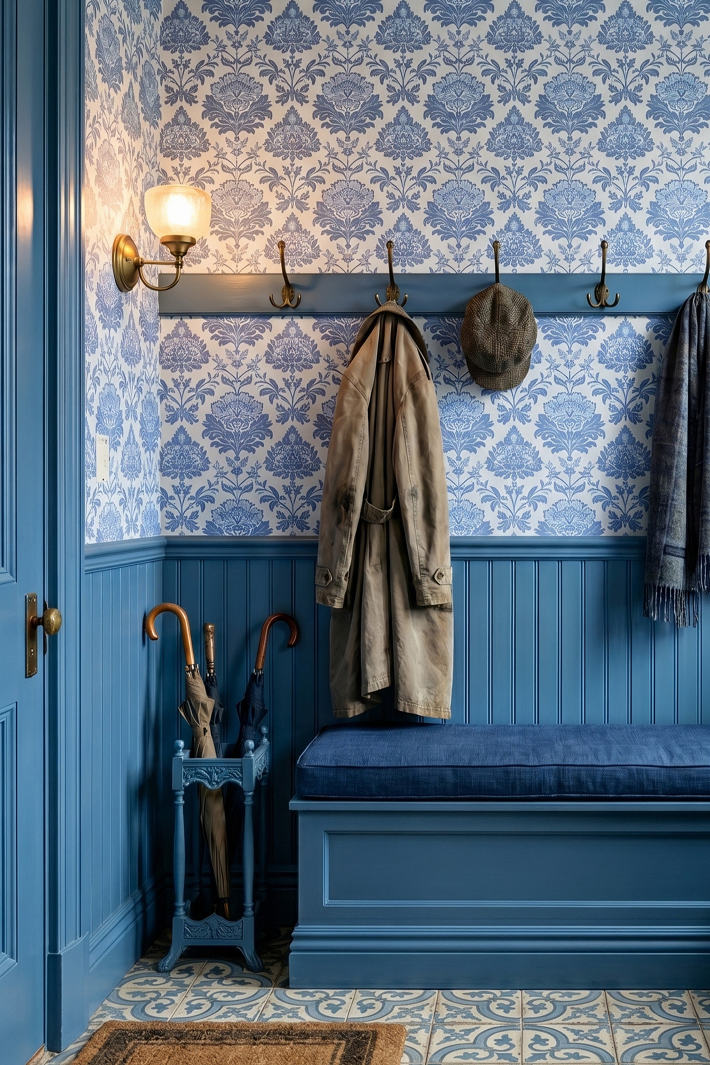 Windsor Damask wallpaper shown in a mudroom