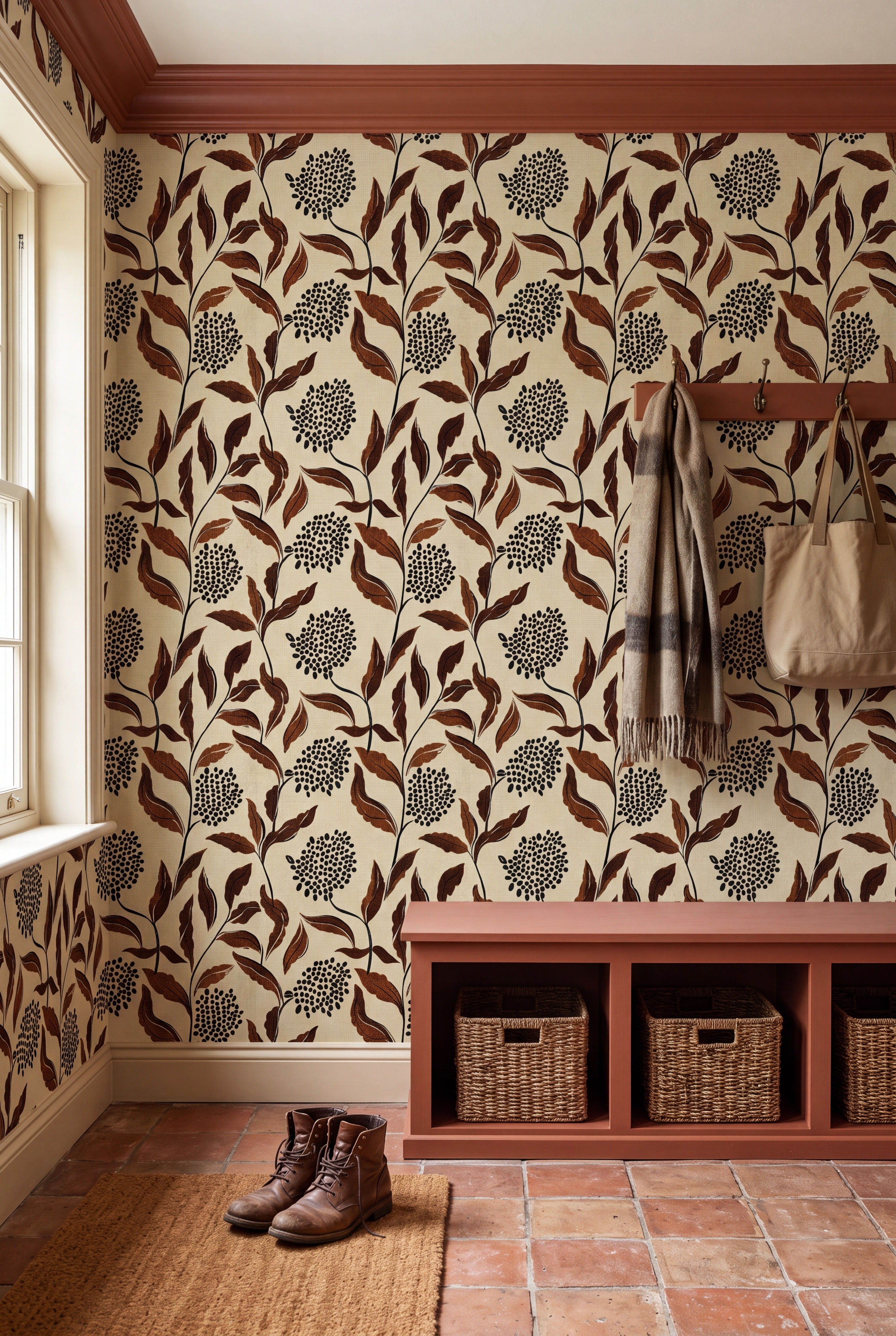 Cinnamon Leaf wallpaper shown in a mudroom