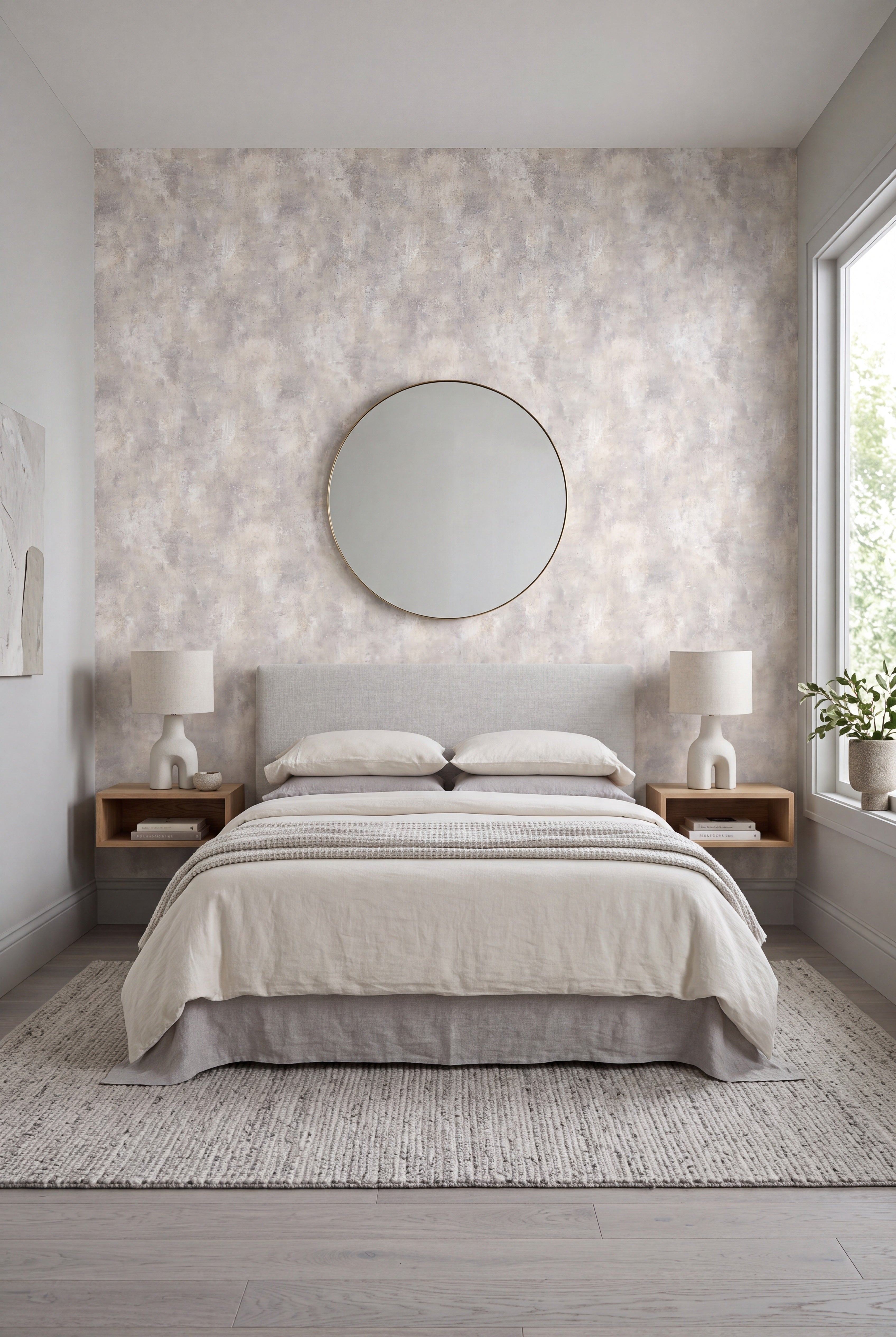 Putty Wash wallpaper shown in a bedroom