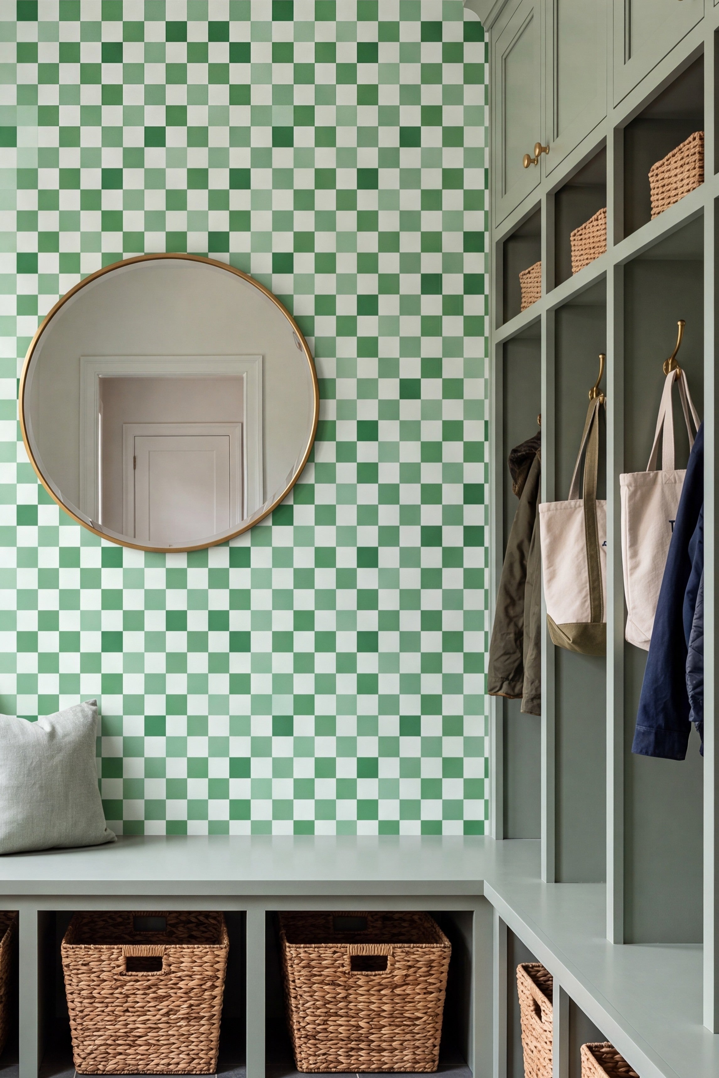 Sage Check wallpaper shown in a mudroom