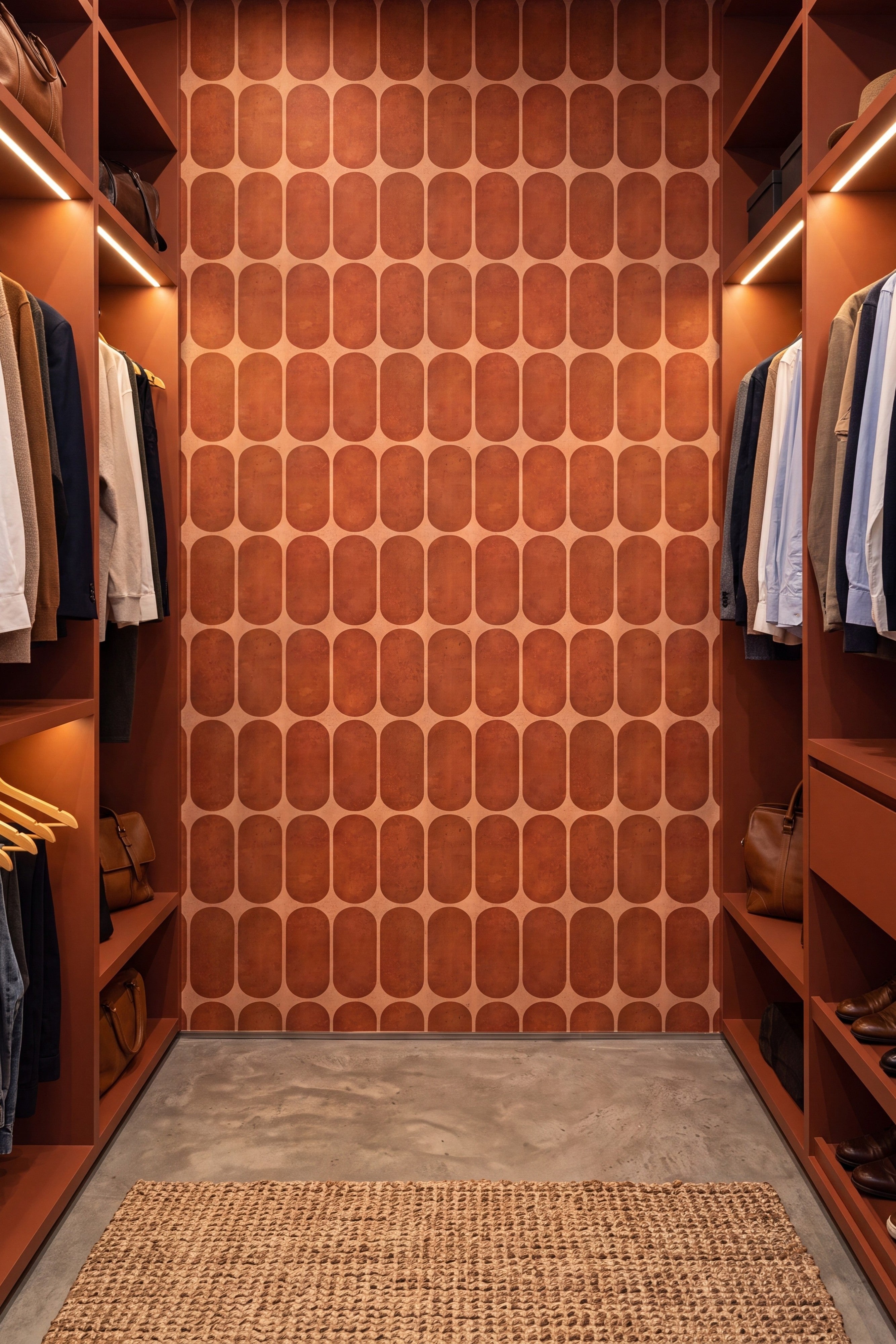 Retro Adobe wallpaper shown in a walk-in closet