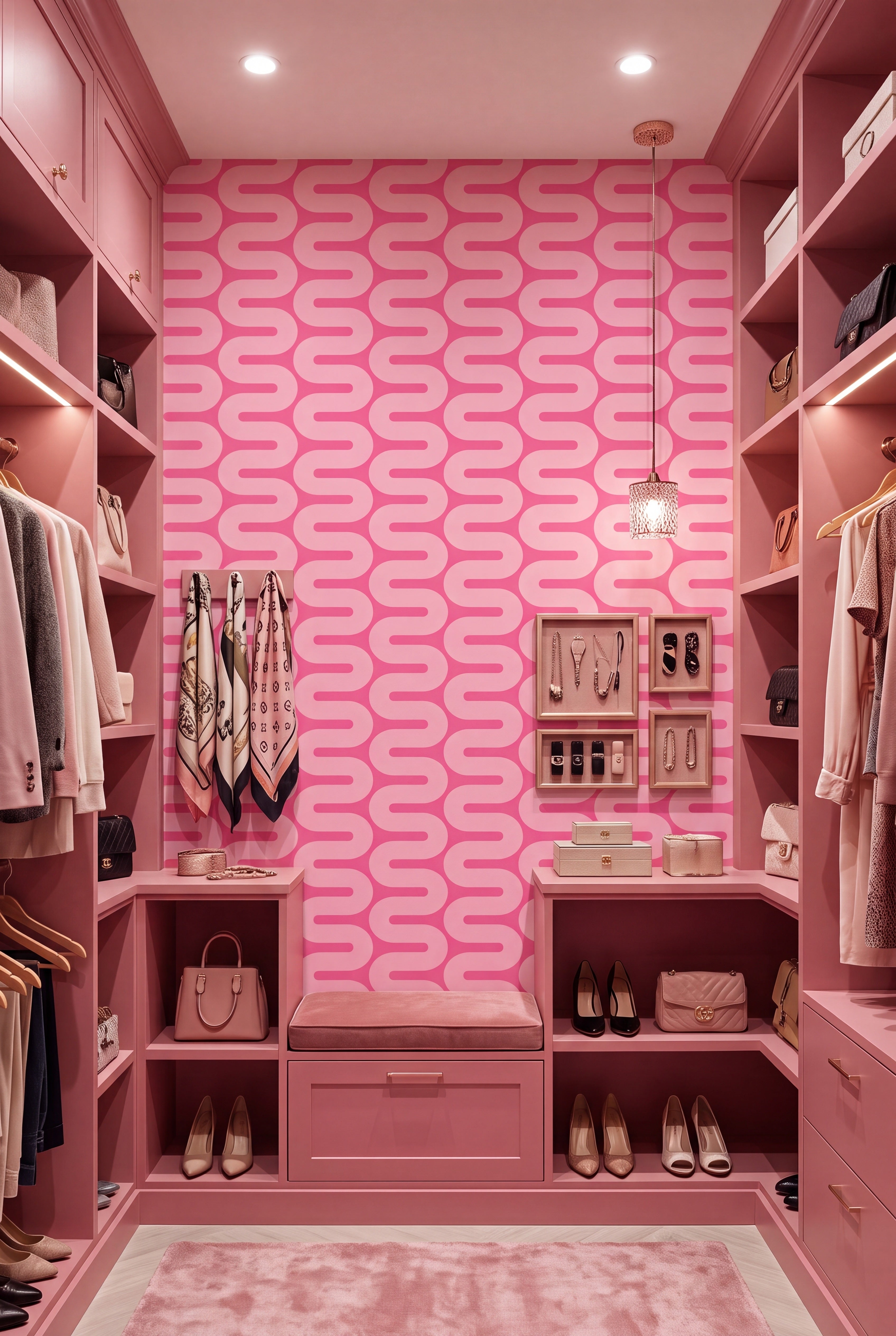 Pink Wiggle wallpaper shown in a closet
