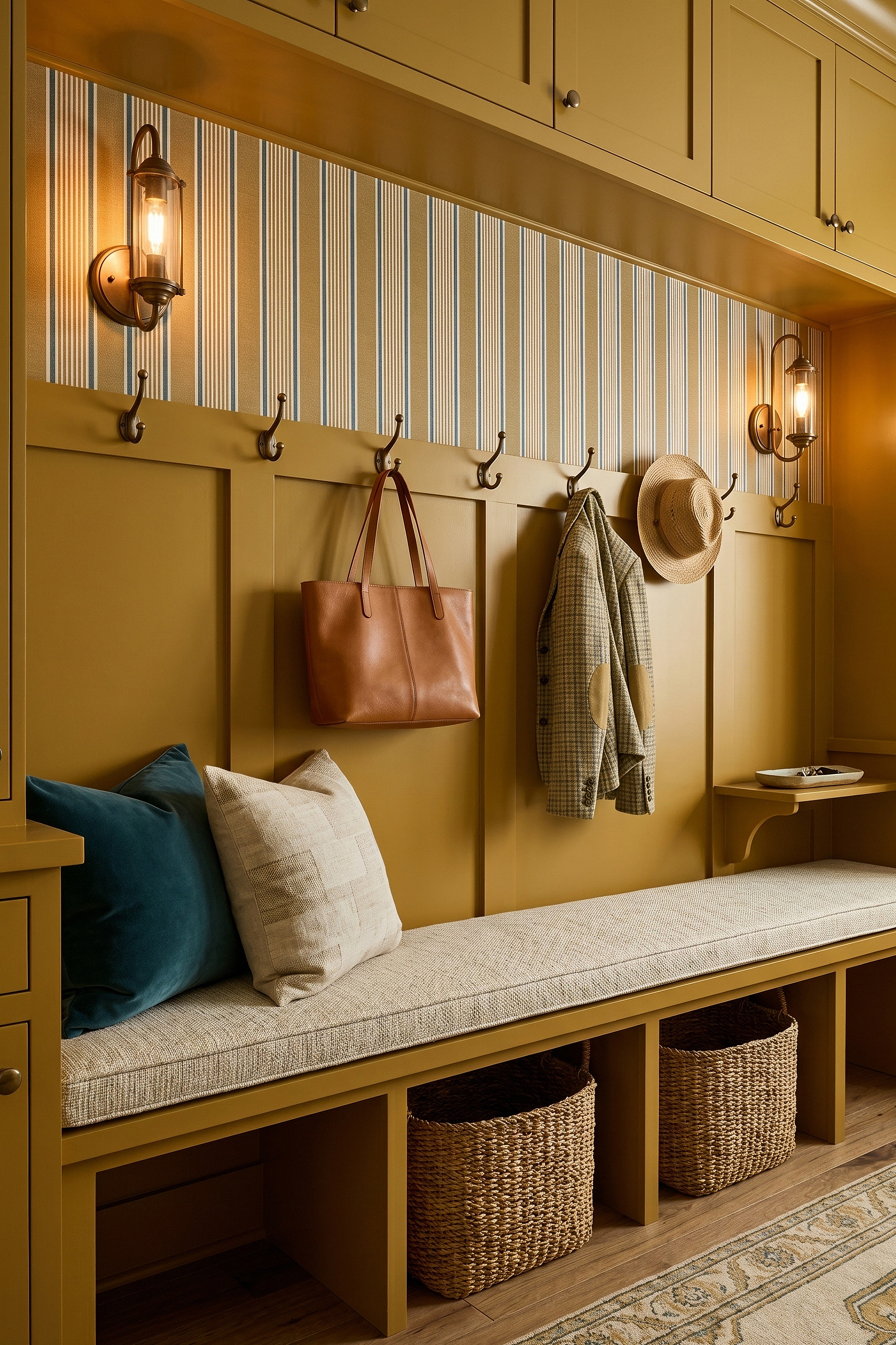 Marigold Stripe wallpaper shown in a mudroom