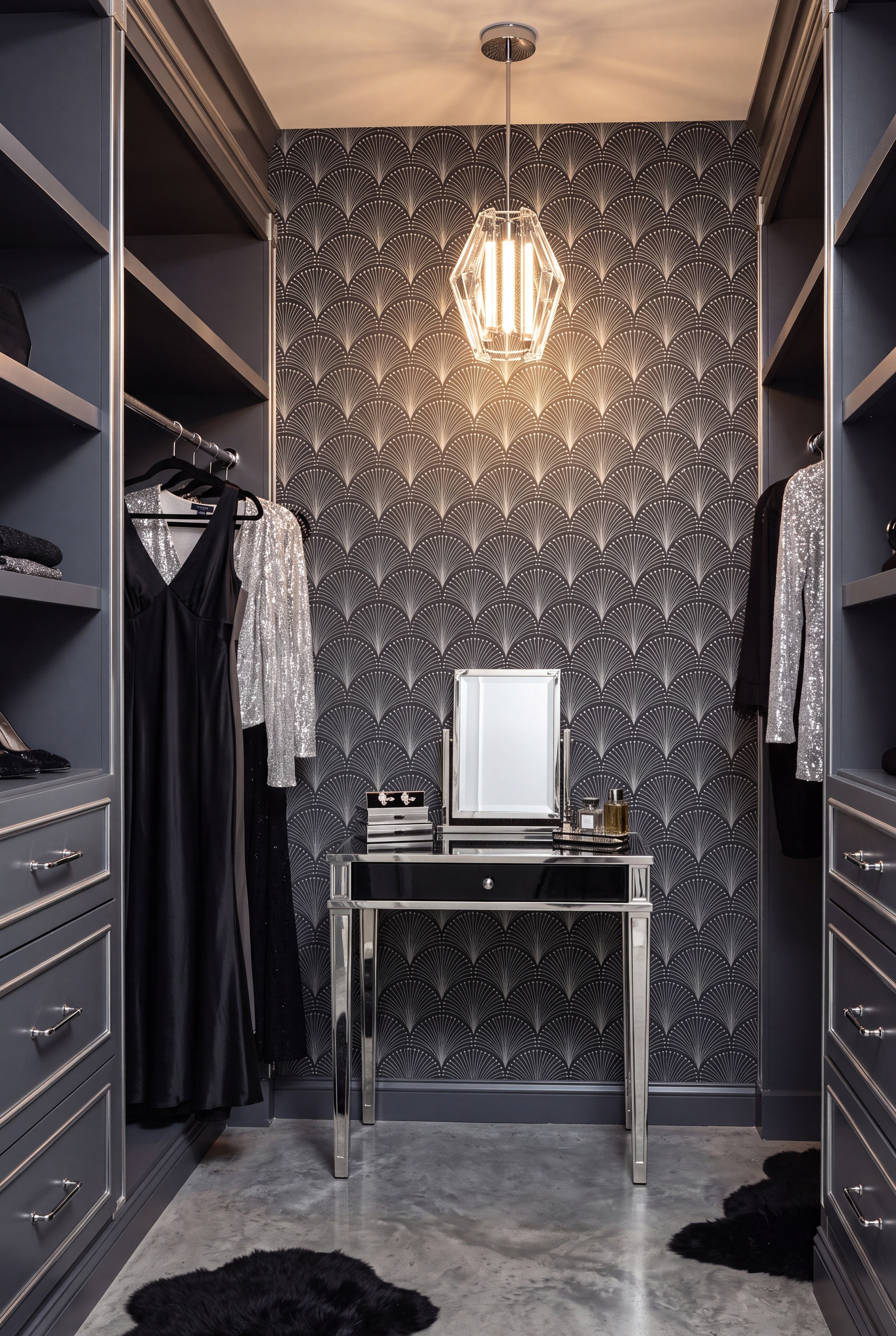 Palm Noir wallpaper shown in a closet