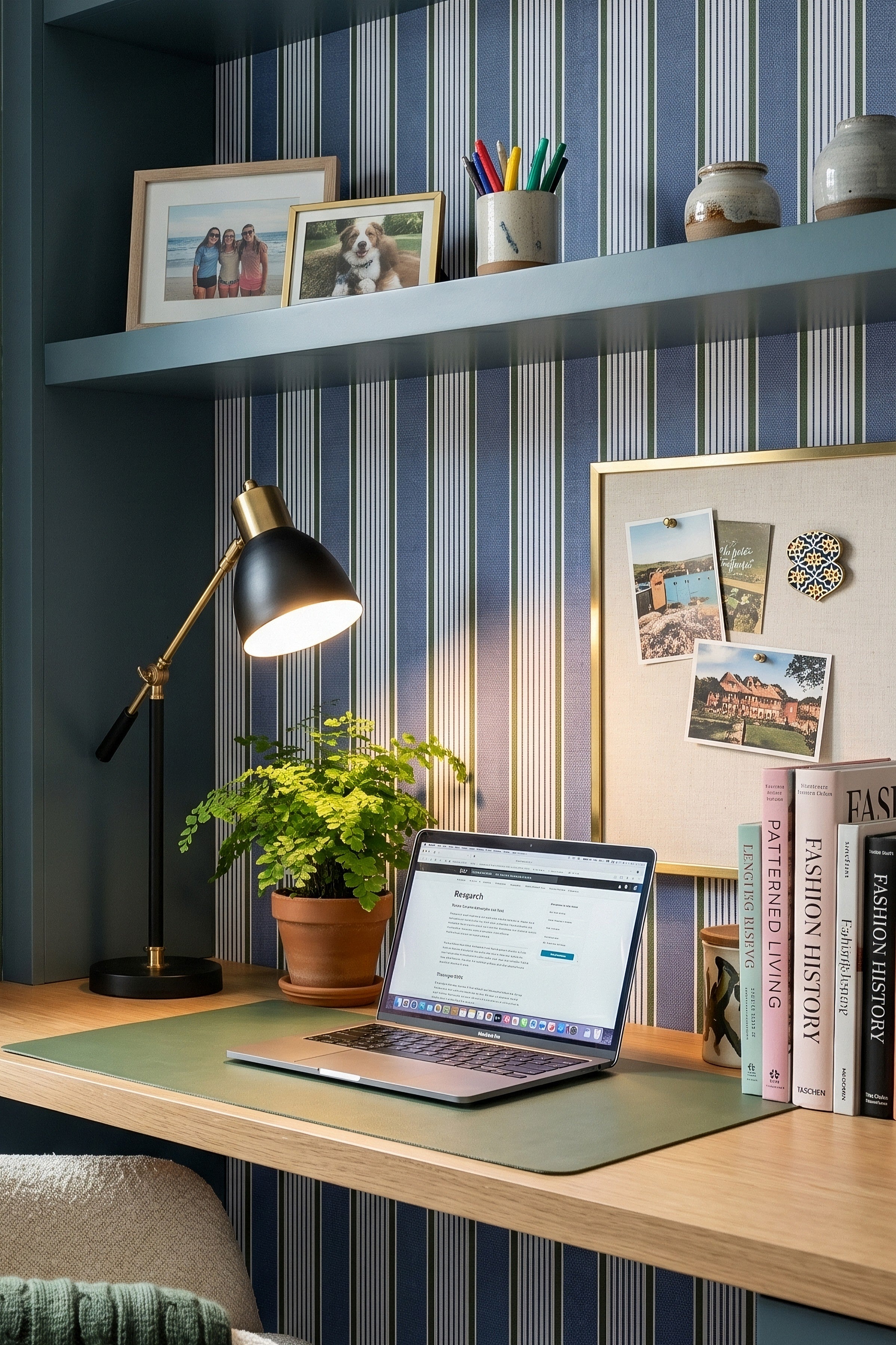 Juniper Stripe wallpaper shown in a home office