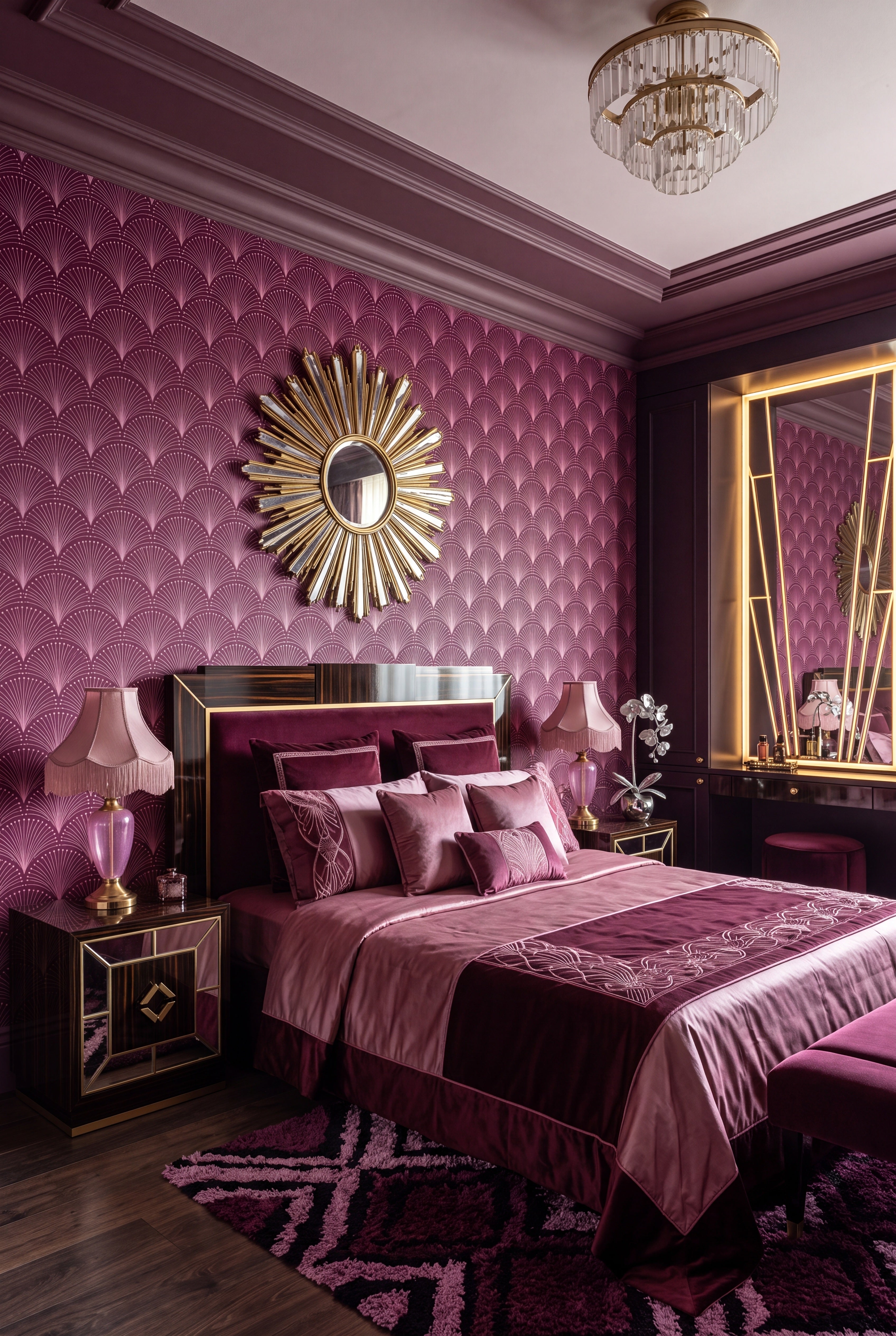 Plum Fan wallpaper shown in a bedroom