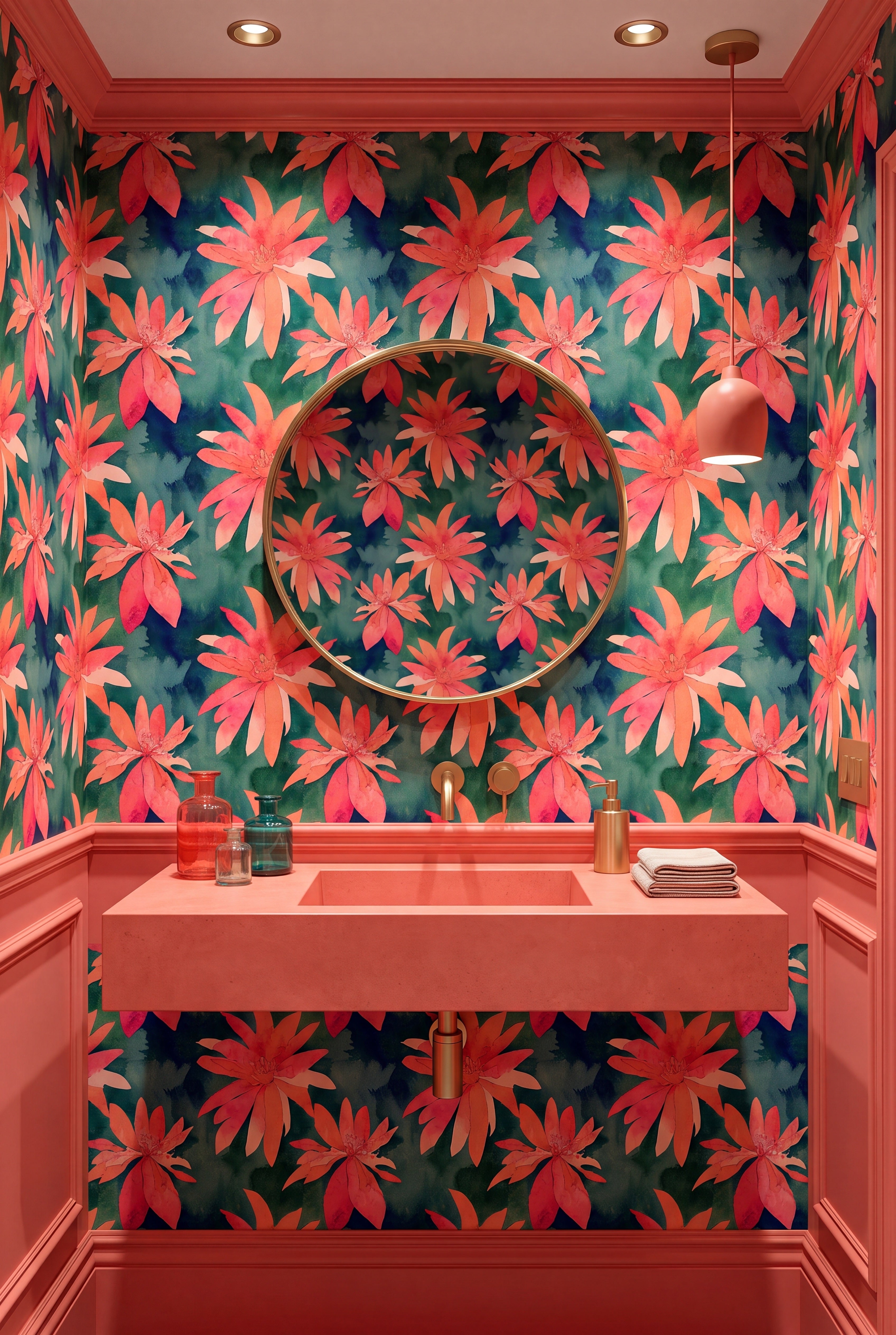 Island Bloom wallpaper shown in a powder room