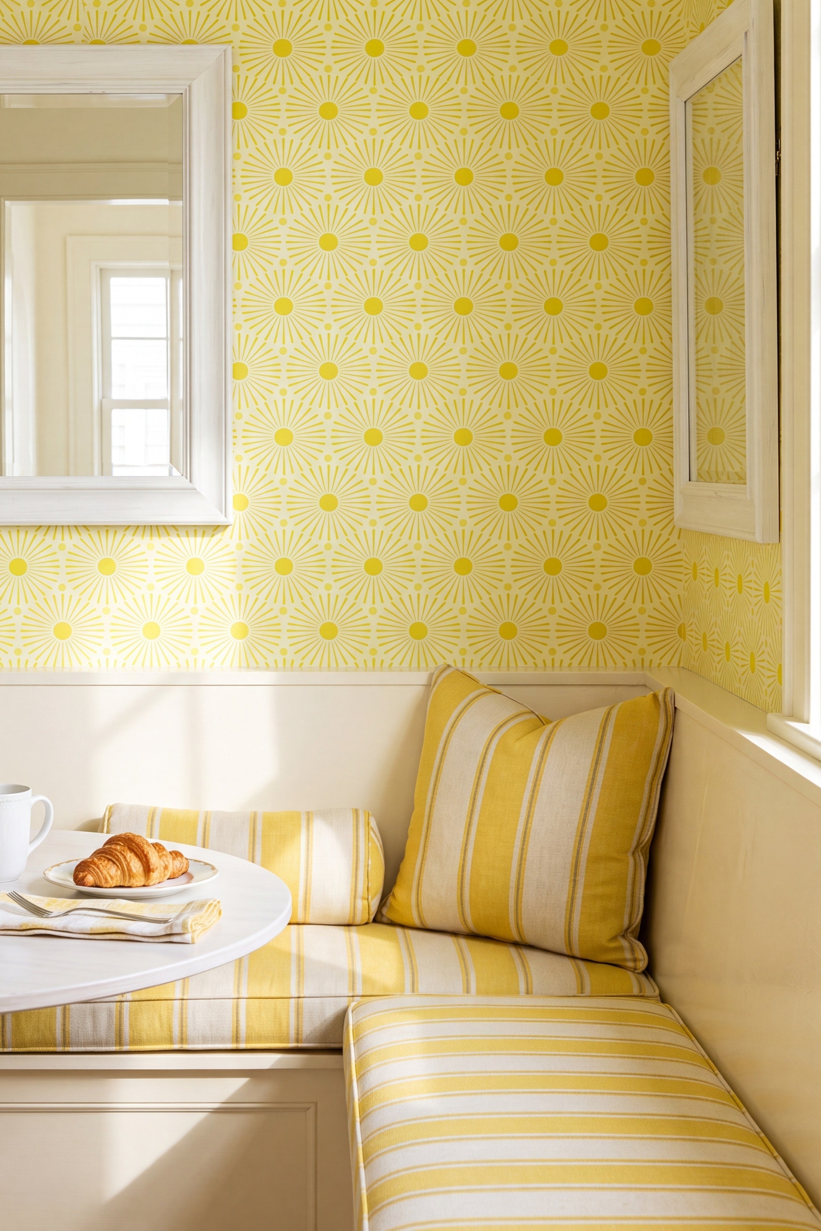 Lemon Burst wallpaper shown in a cozy nook