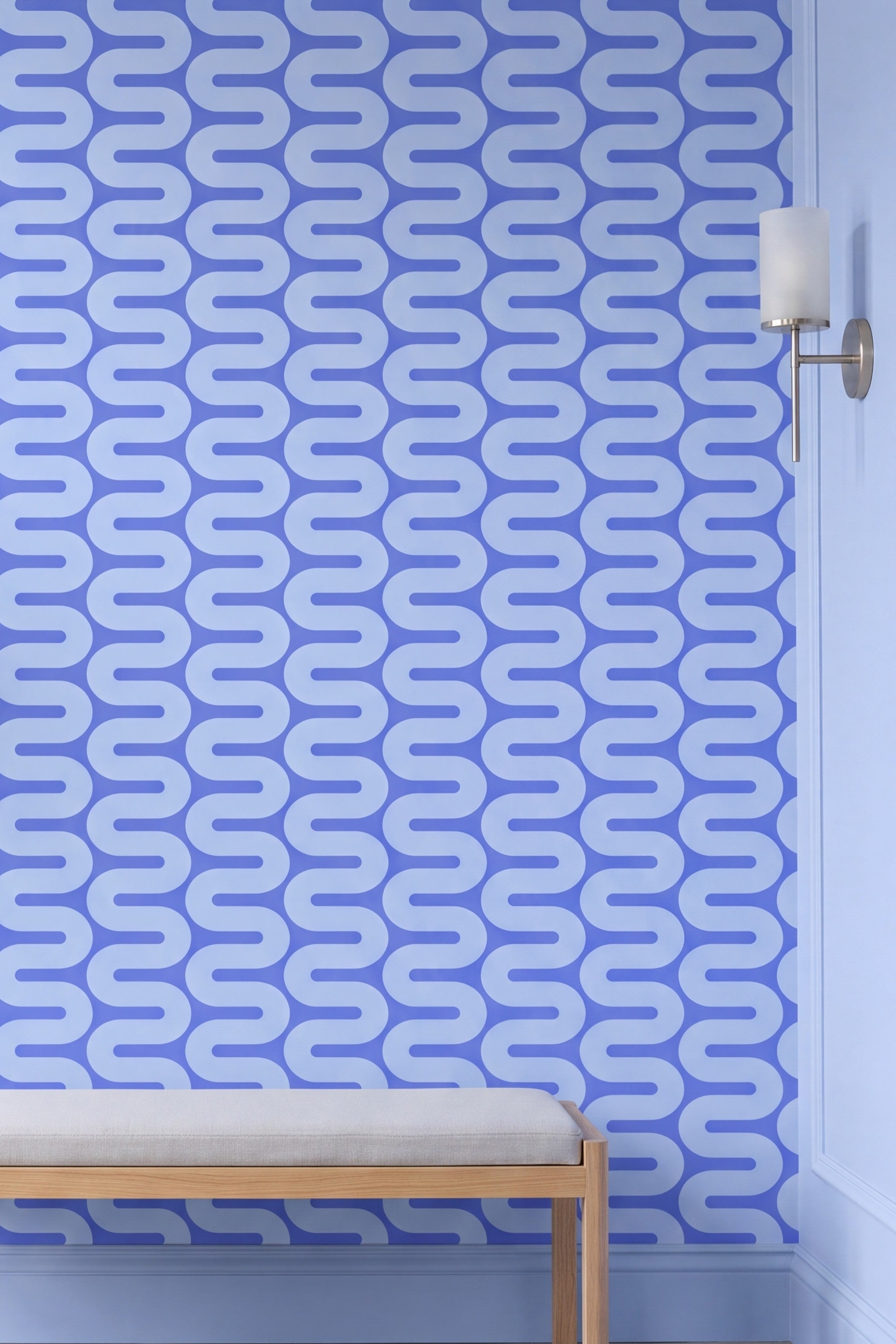 Blue Wiggle wallpaper shown on an accent wall