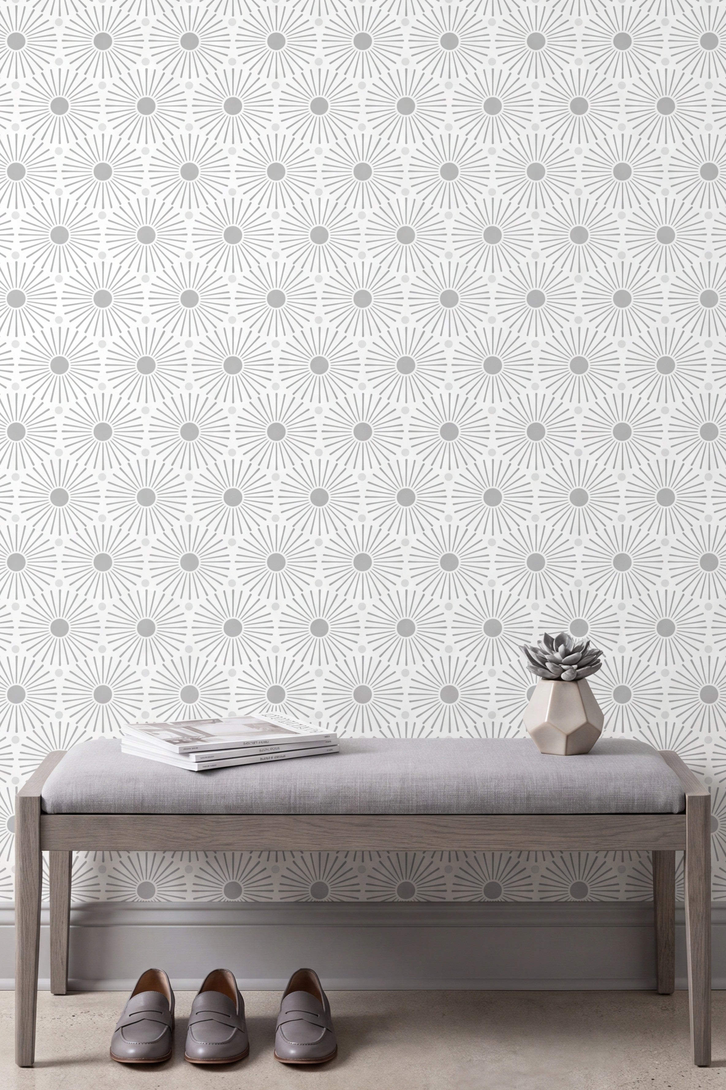 Grey Mod wallpaper shown on an accent wall
