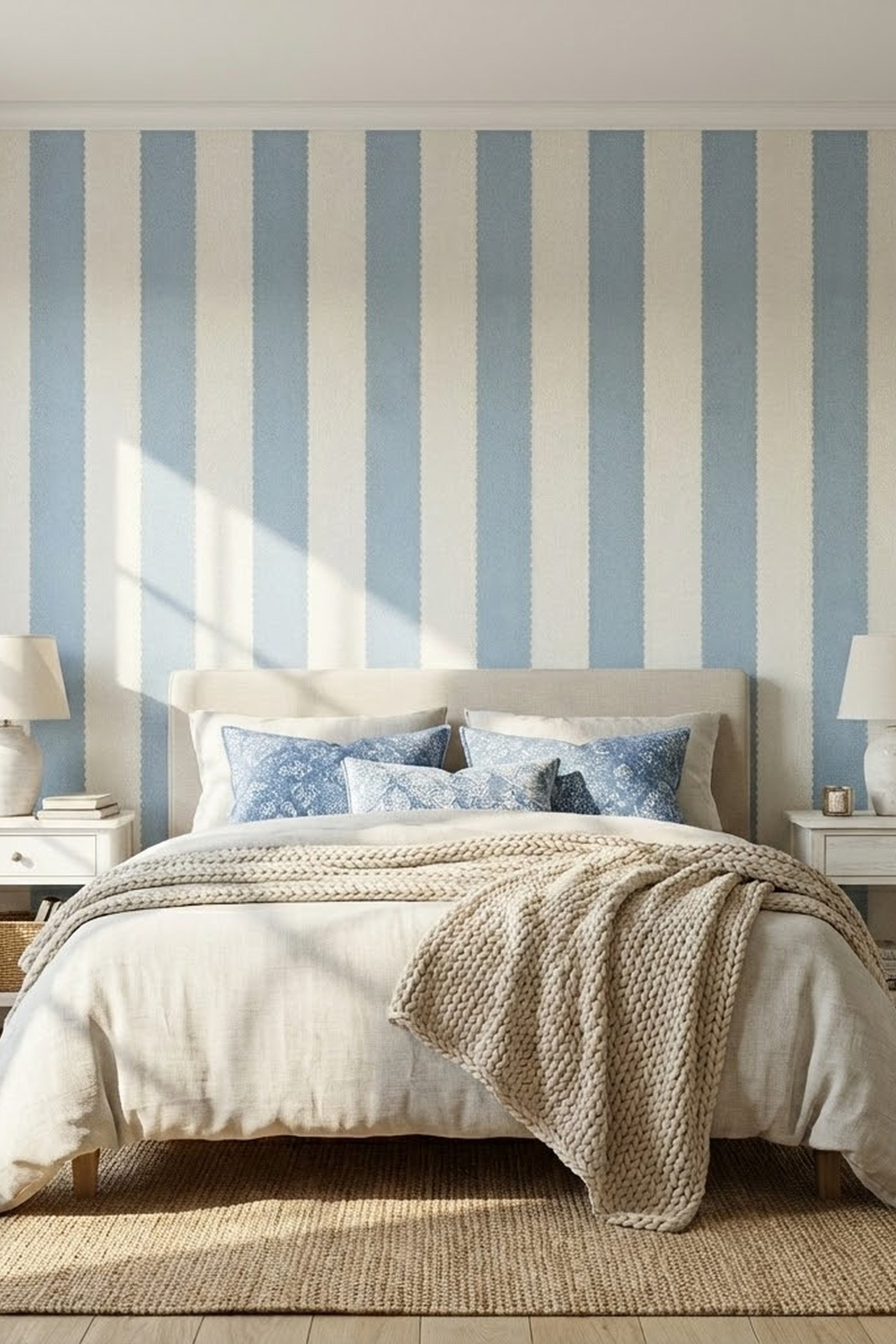 Seaside Scallop wallpaper shown in a bedroom