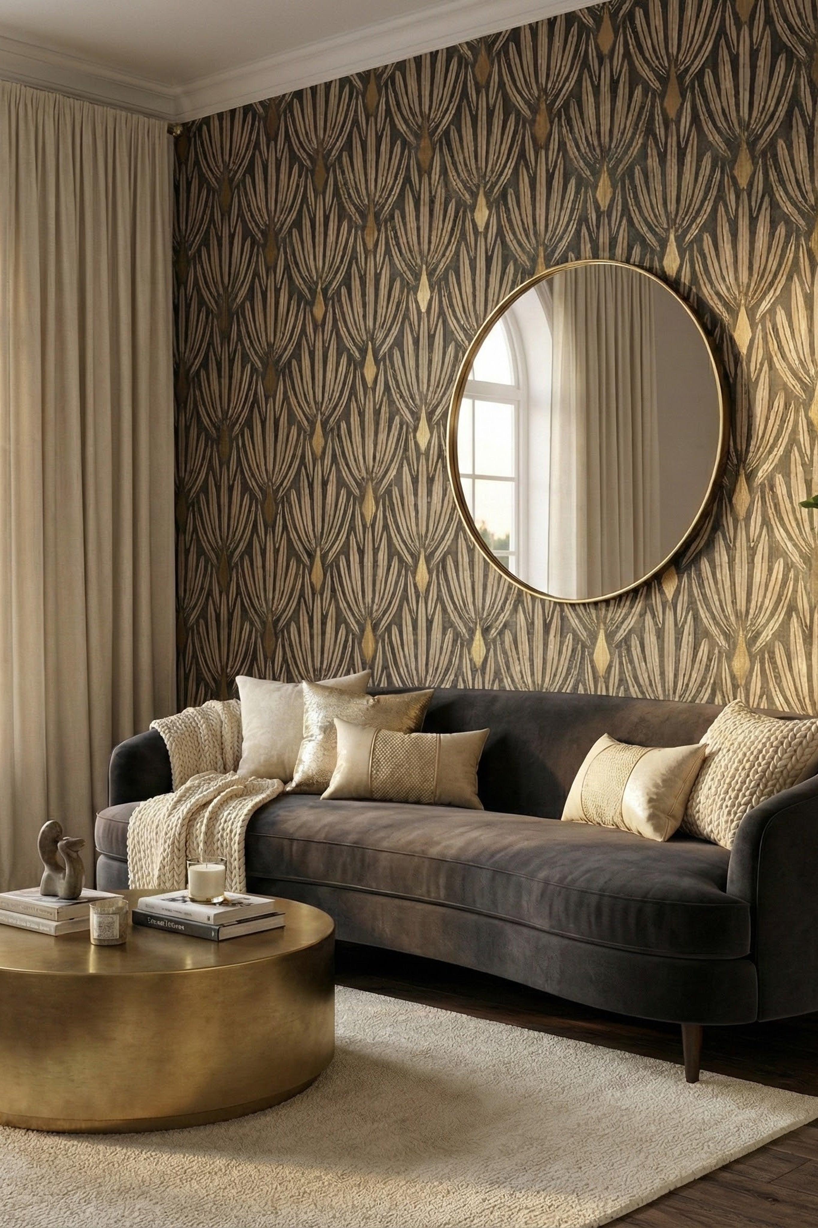Peacock Deco wallpaper shown in a styled room