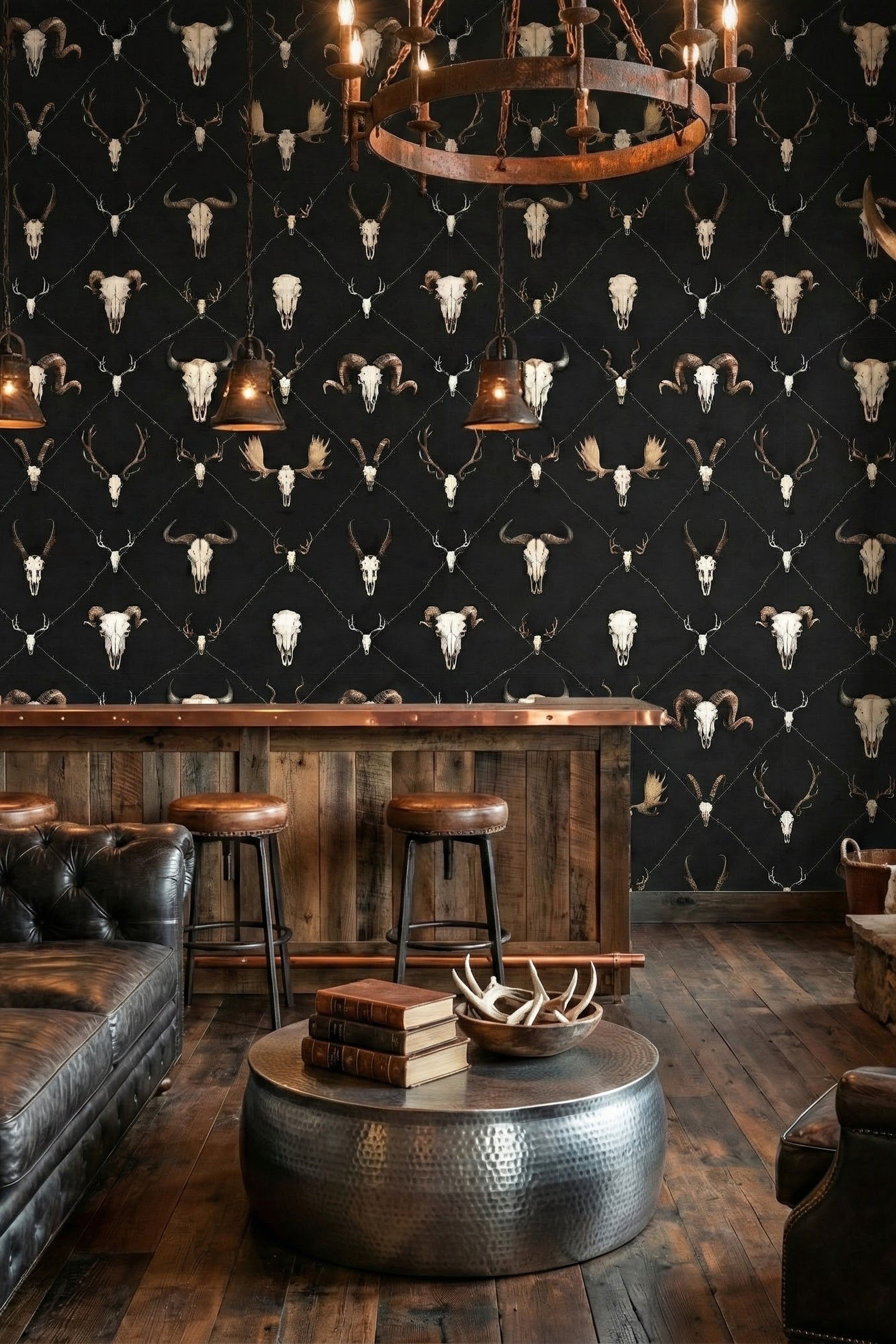 Outlaw wallpaper shown in a living room