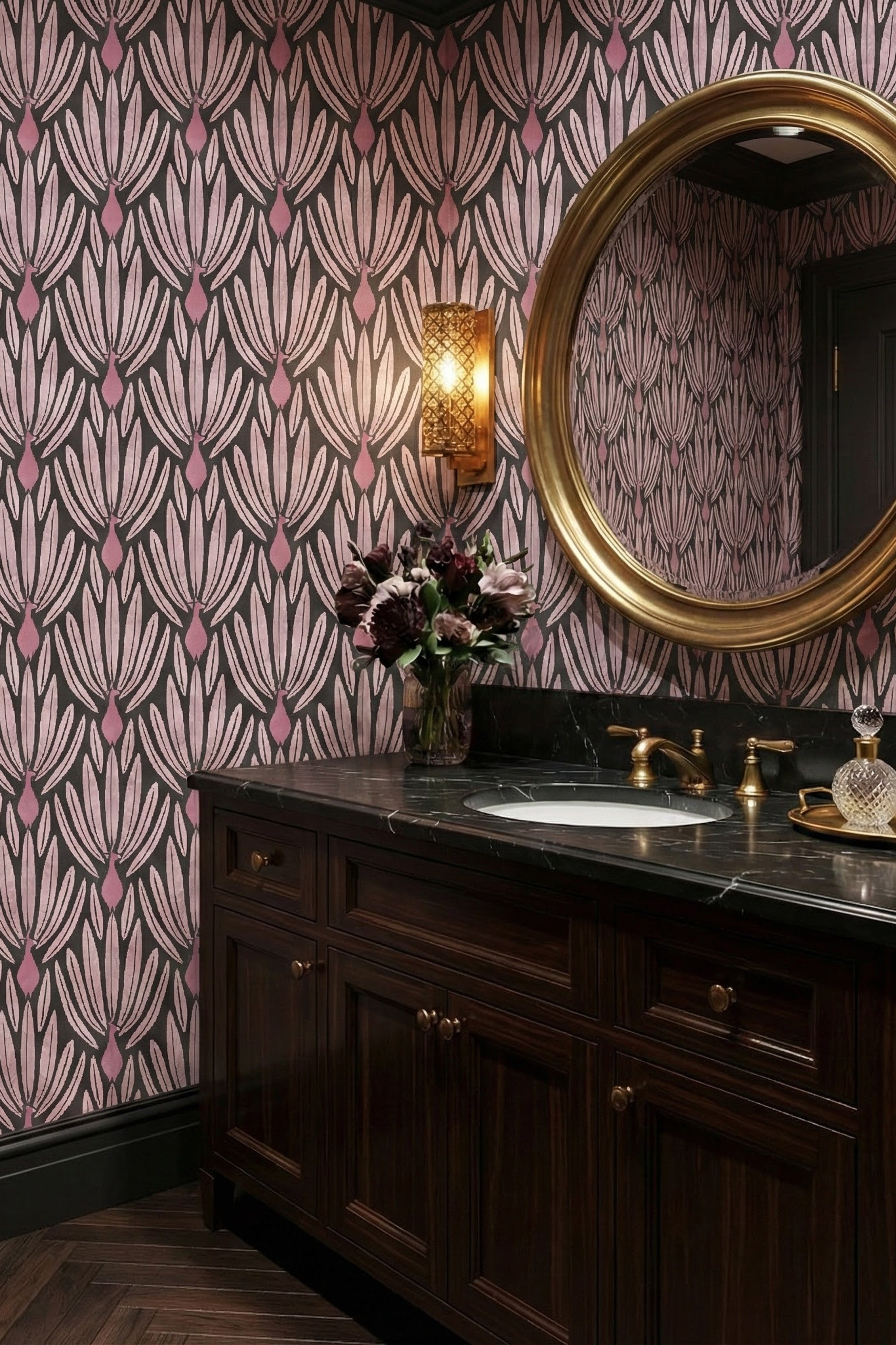 Showgirl wallpaper shown in a powder room
