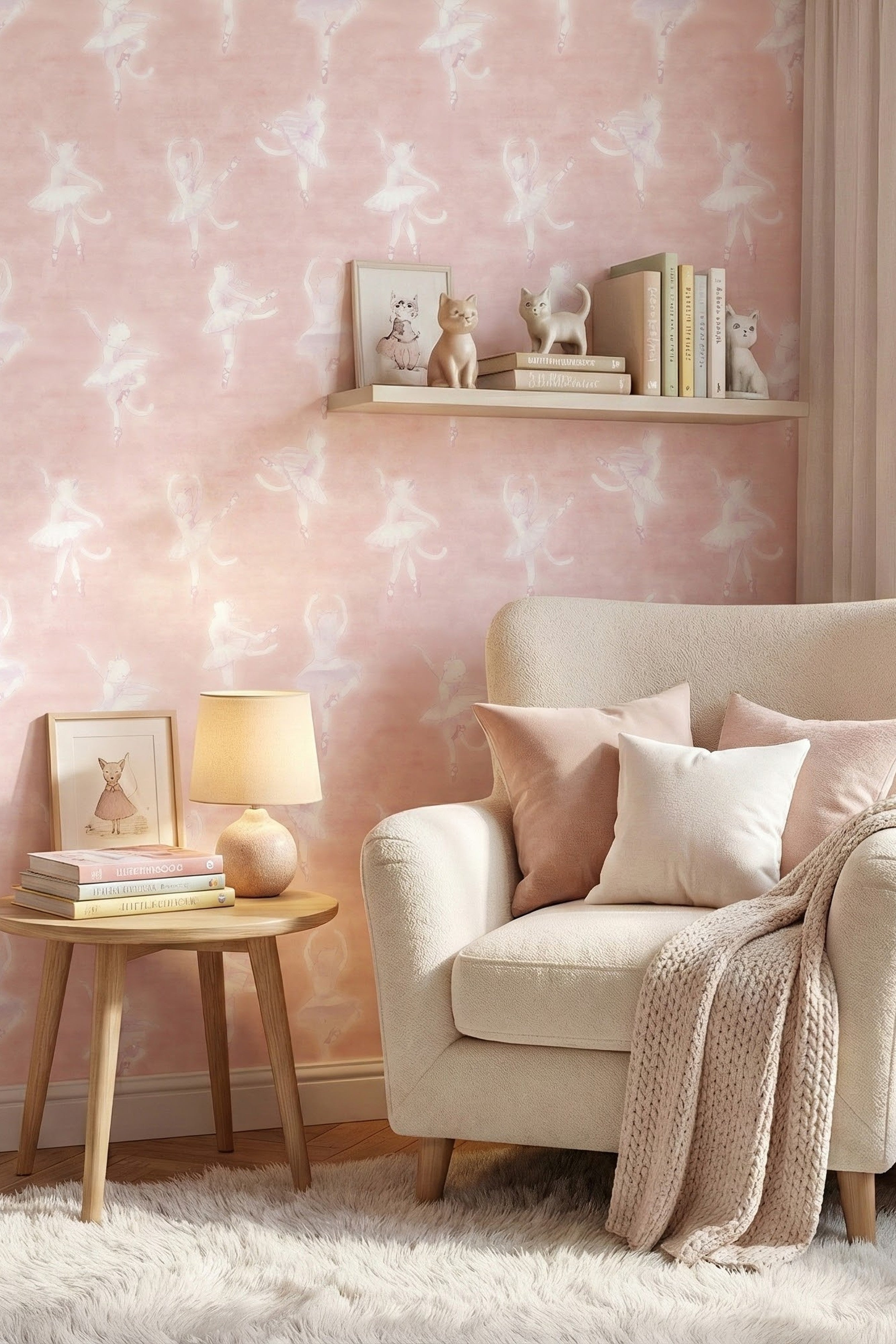 Kitten Ballet wallpaper shown behind a reading chair