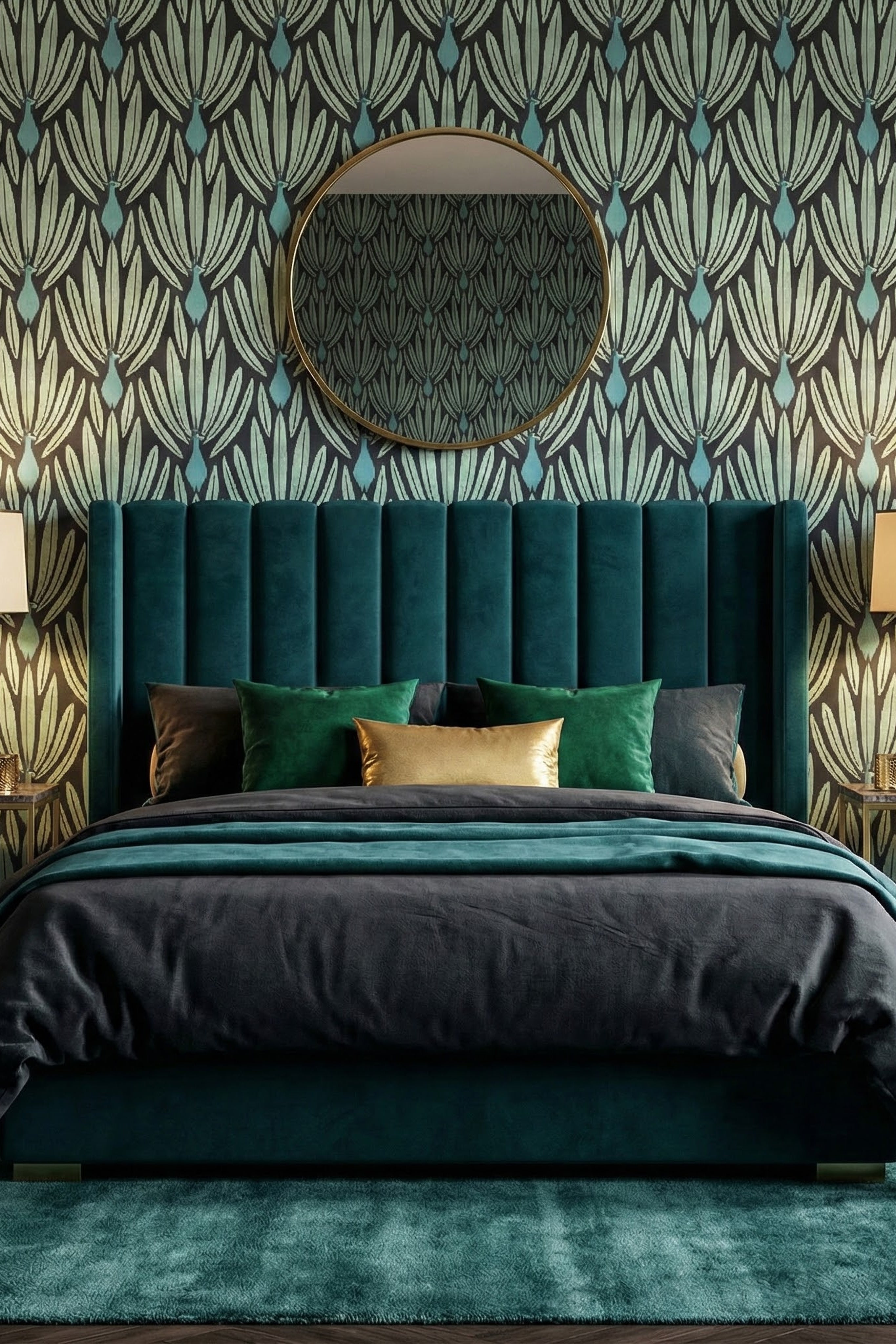 Peacock Lounge wallpaper shown in a bedroom