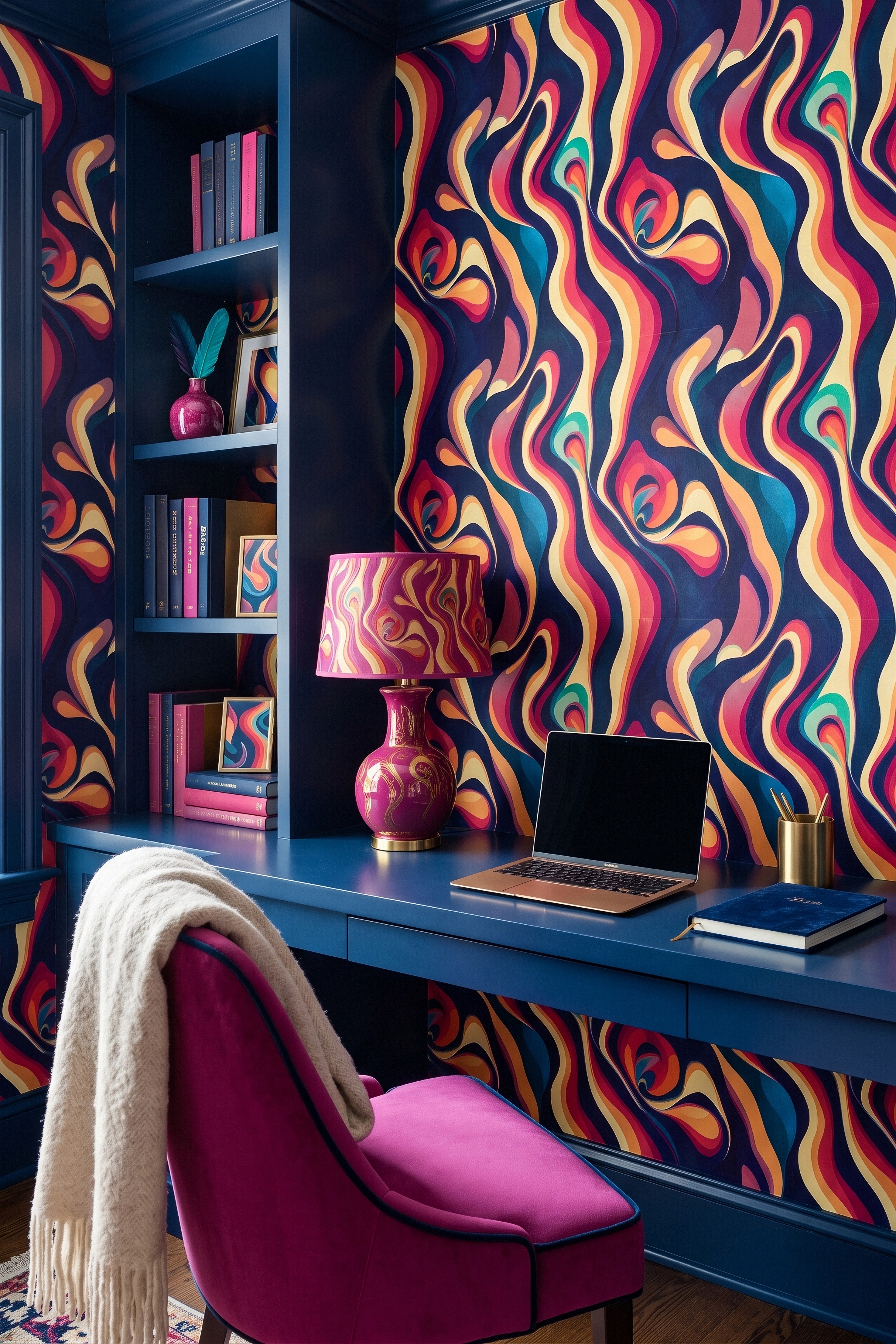 Disco Daydream wallpaper shown in a home office