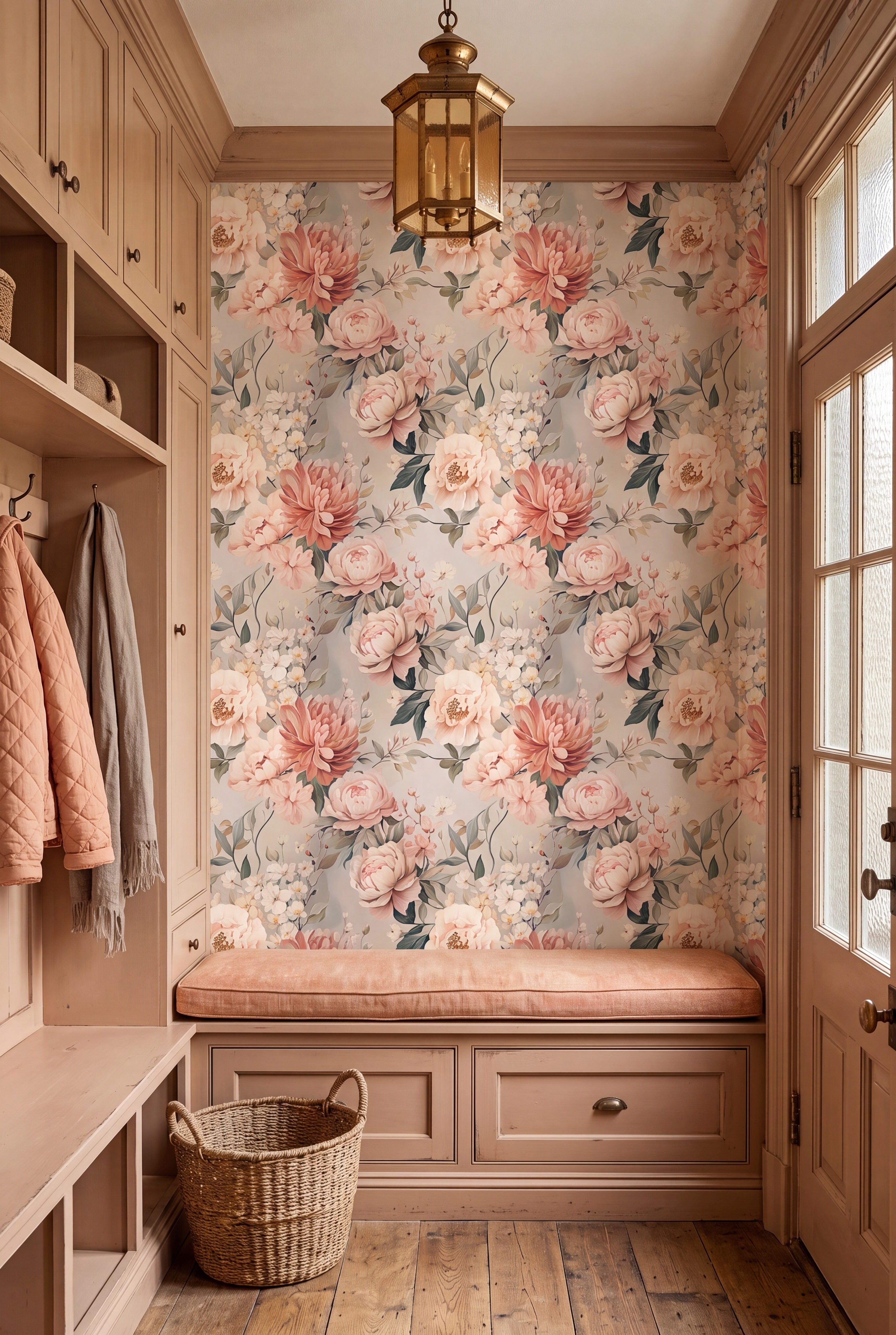 Storybook Rose wallpaper shown in a mudroom