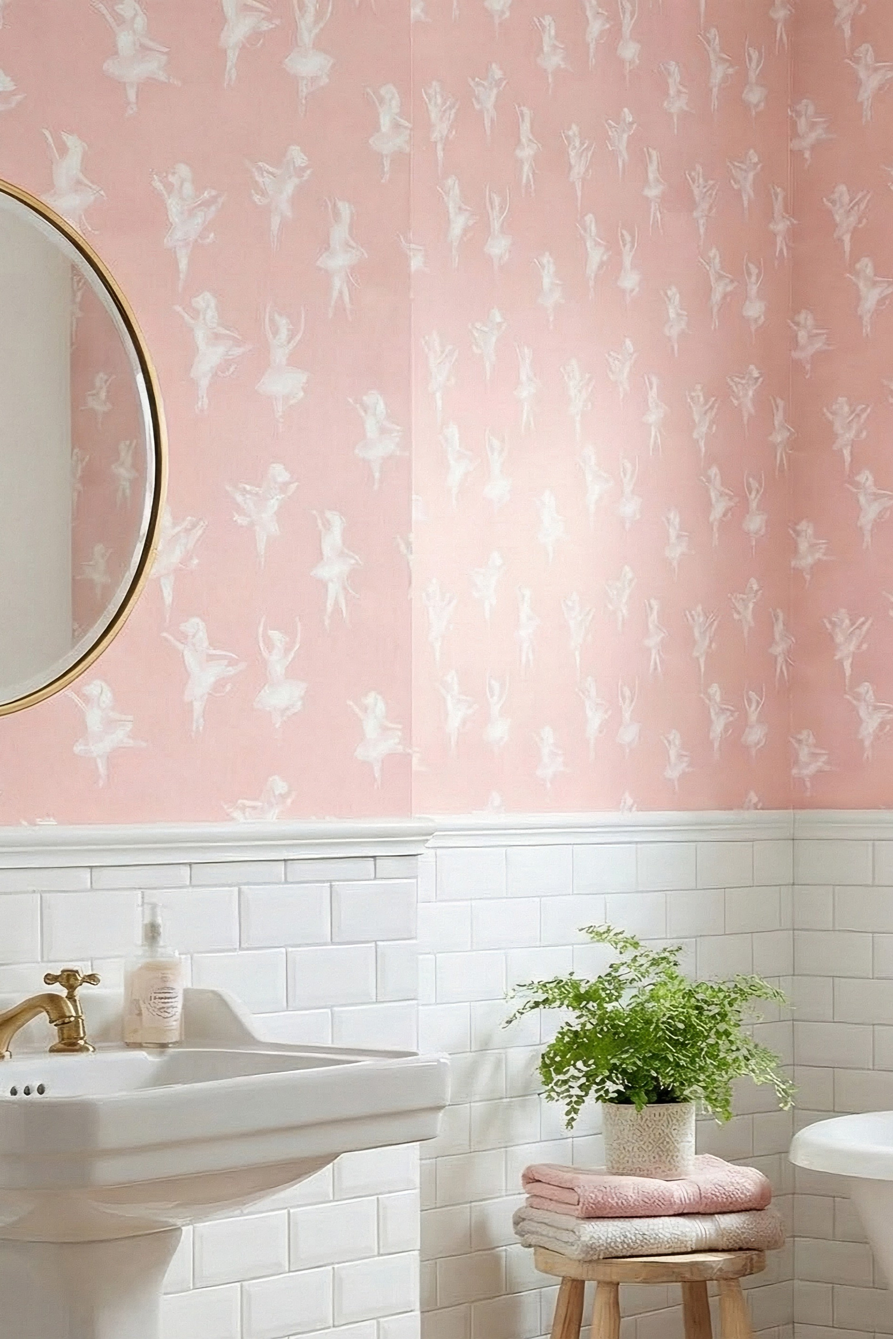 Puppy Ballet wallpaper shown in a bathroom