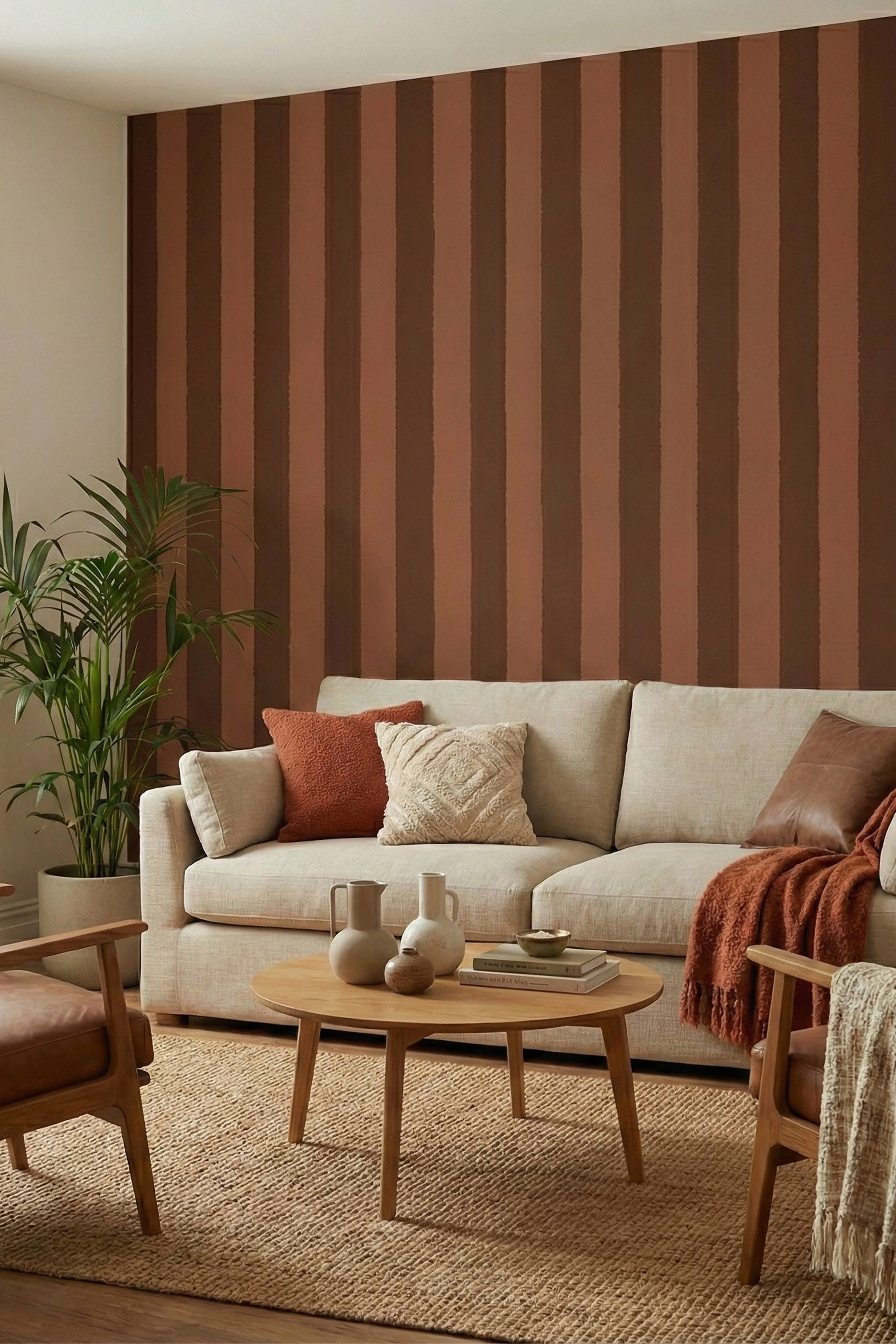 Chocolate Scallop wallpaper shown in a living room